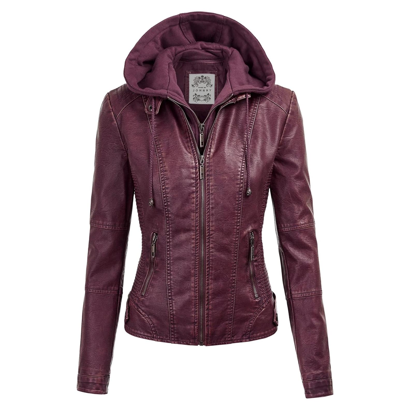 Chaqueta de Cuero Sintético Hecho por Johnny para Mujeres con Capucha