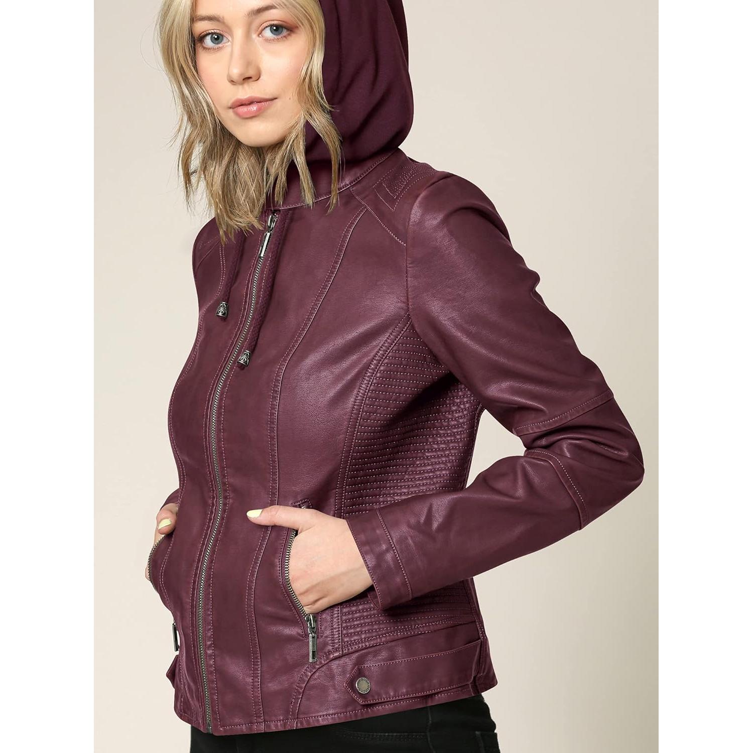 Chaqueta de Cuero Sintético Hecho por Johnny para Mujeres con Capucha