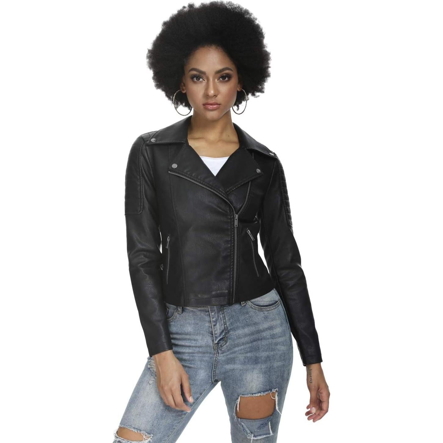 Chaqueta de Cuero Sintético para Mujer Fahsyee XX-Large Negra