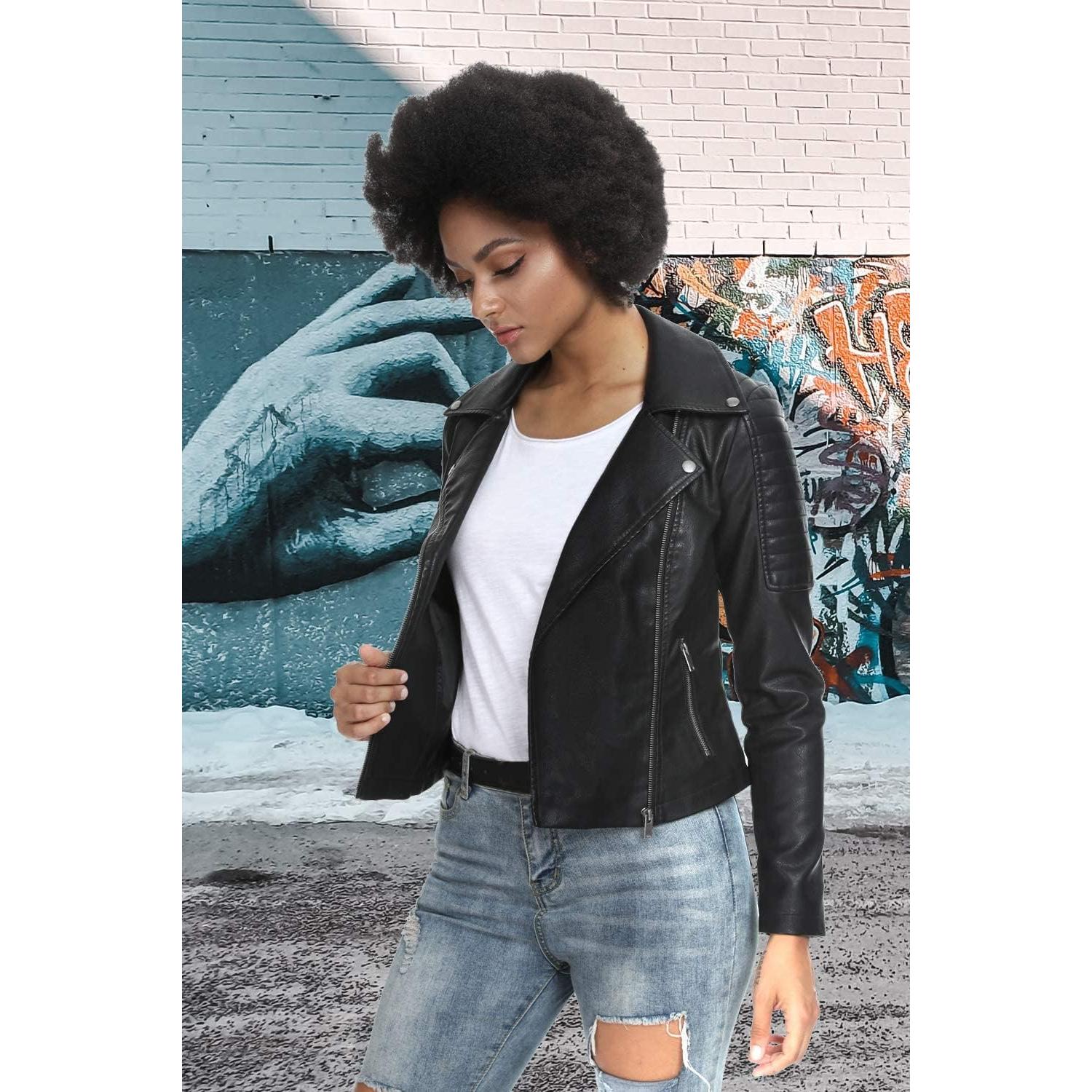 Chaqueta de Cuero Sintético para Mujer Fahsyee XX-Large Negra