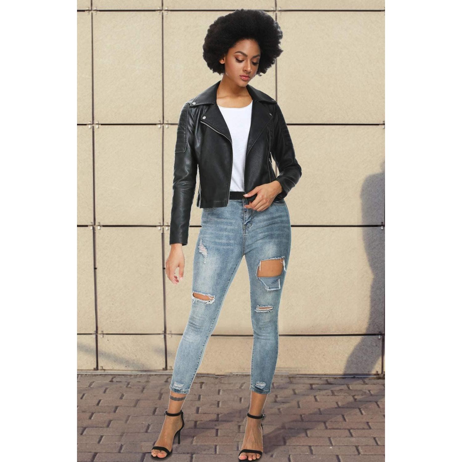 Chaqueta de Cuero Sintético para Mujer Fahsyee XX-Large Negra