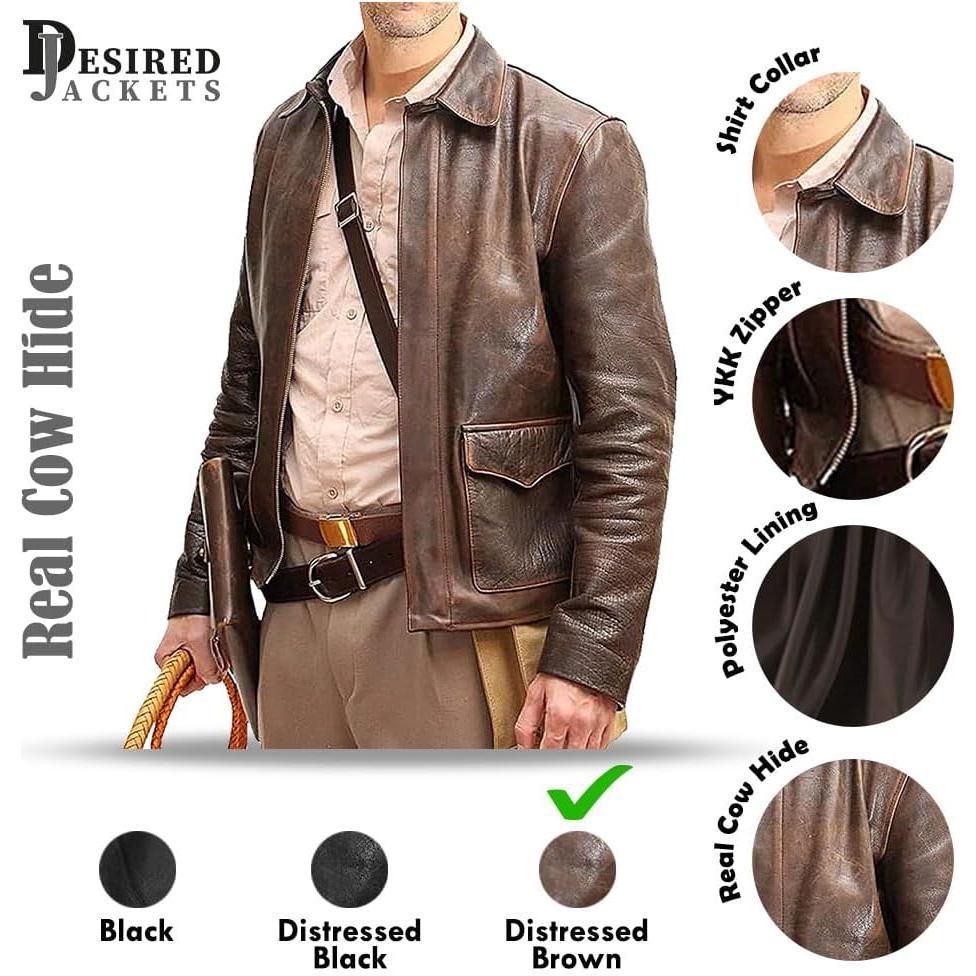 Chaqueta de Cuero Vintage Marrón Bomber Harrison Jones Hombre