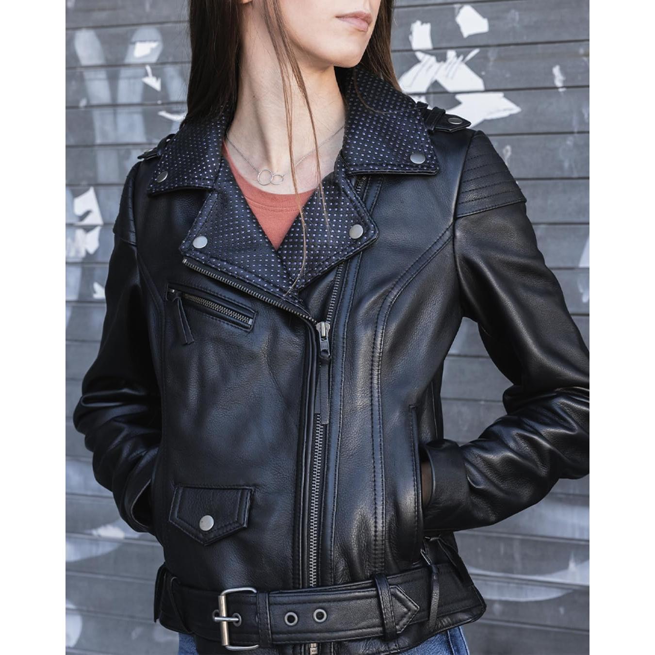 Chaqueta de Cuero Negra para Mujeres Motociclistas Iris - Primera Mfg Co