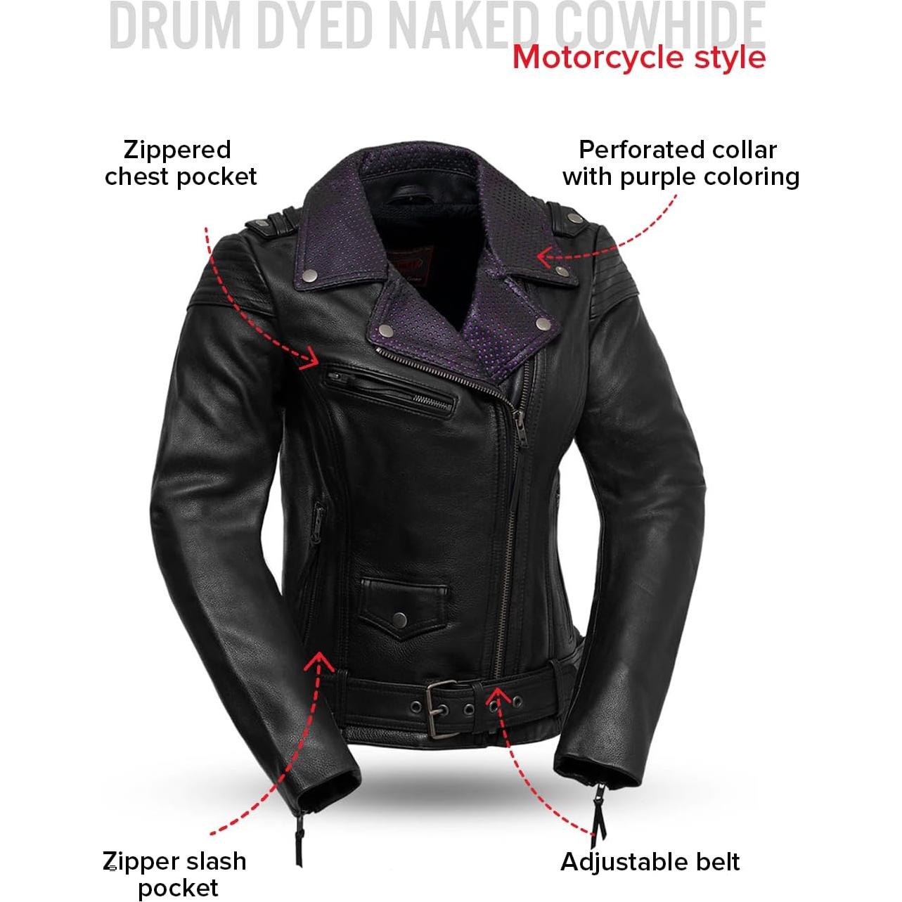 Chaqueta de Cuero Negra para Mujeres Motociclistas Iris - Primera Mfg Co