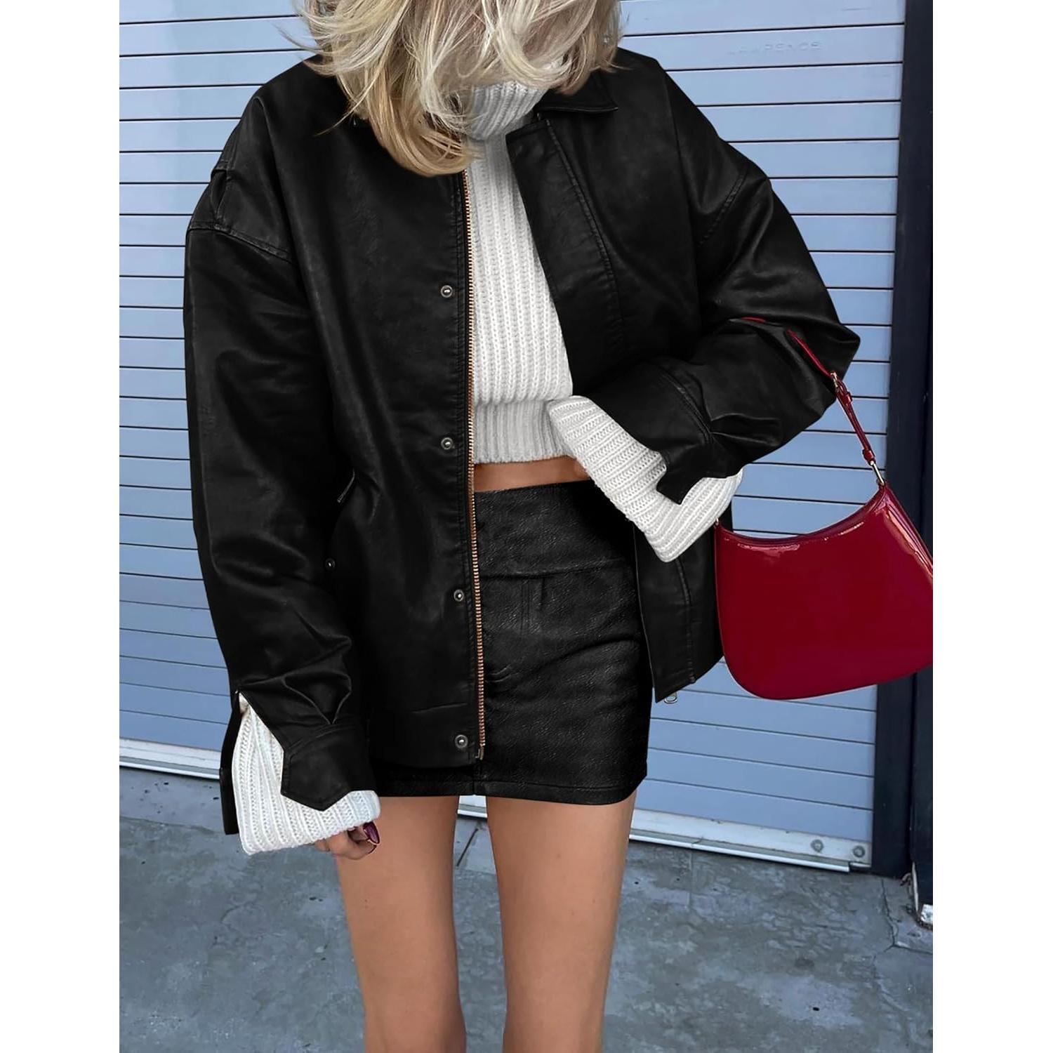 Chaqueta de Cuero Sintético PRETTYGARDEN para Mujeres - Oversized