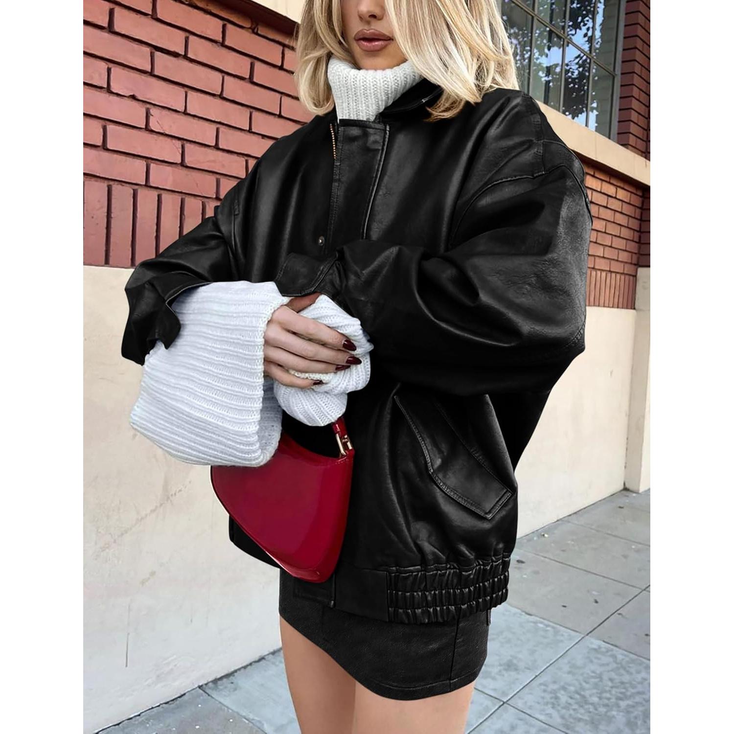 Chaqueta de Cuero Sintético PRETTYGARDEN para Mujeres - Oversized