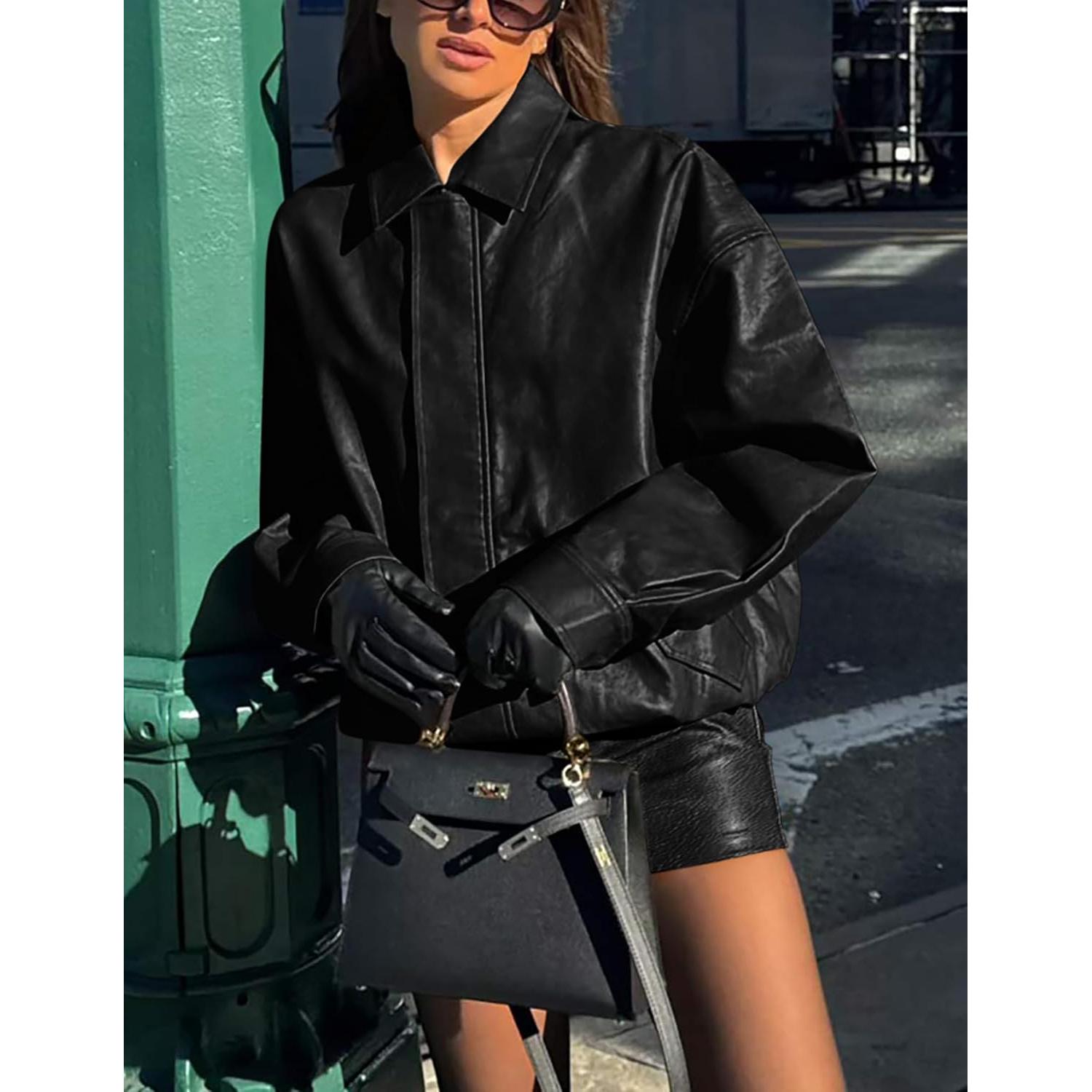 Chaqueta de Cuero Sintético PRETTYGARDEN para Mujeres - Oversized