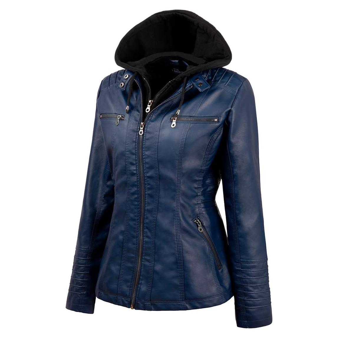 Chaqueta de Cuero Sintético Tagoo para Mujeres Talla Grande Azul Marino