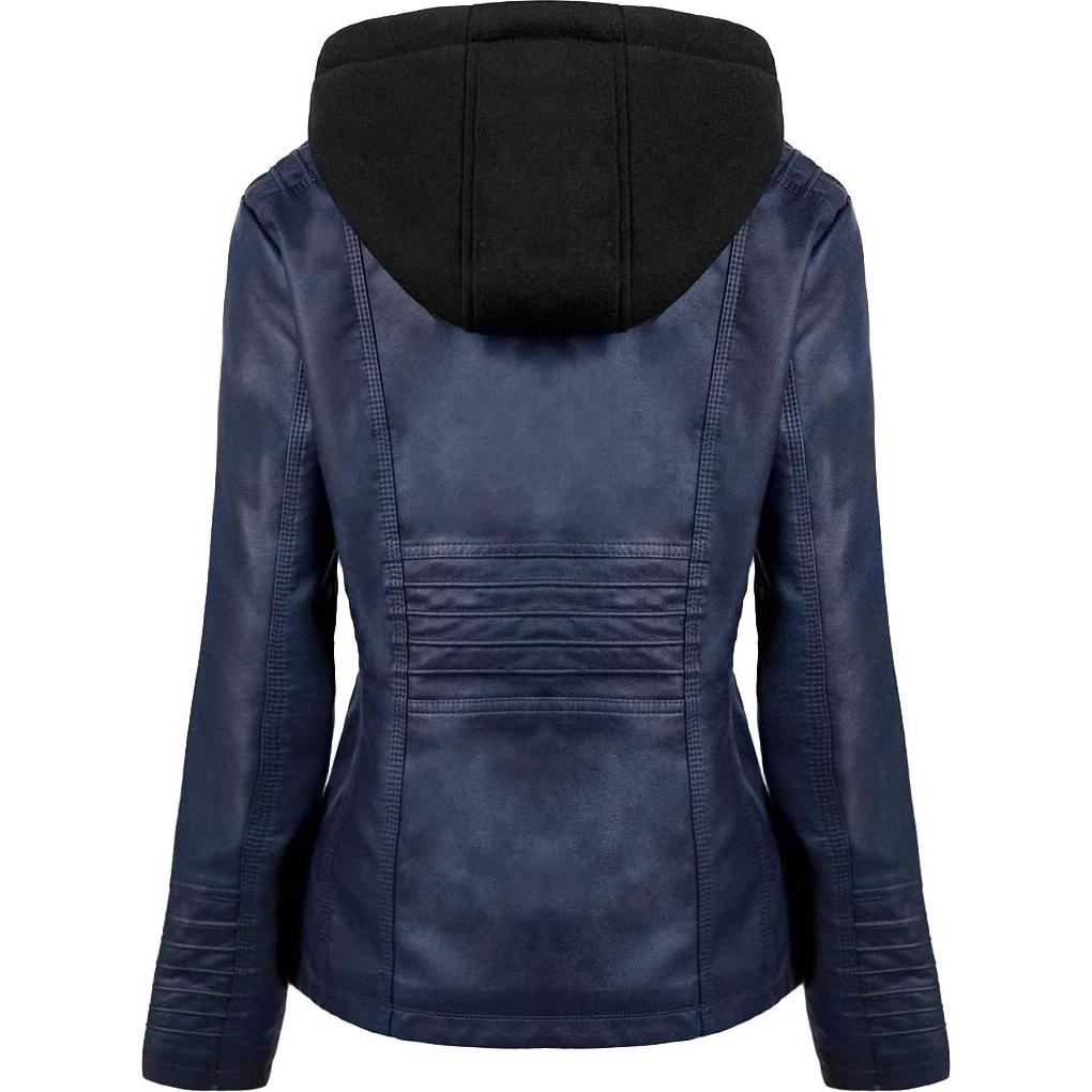 Chaqueta de Cuero Sintético Tagoo para Mujeres Talla Grande Azul Marino