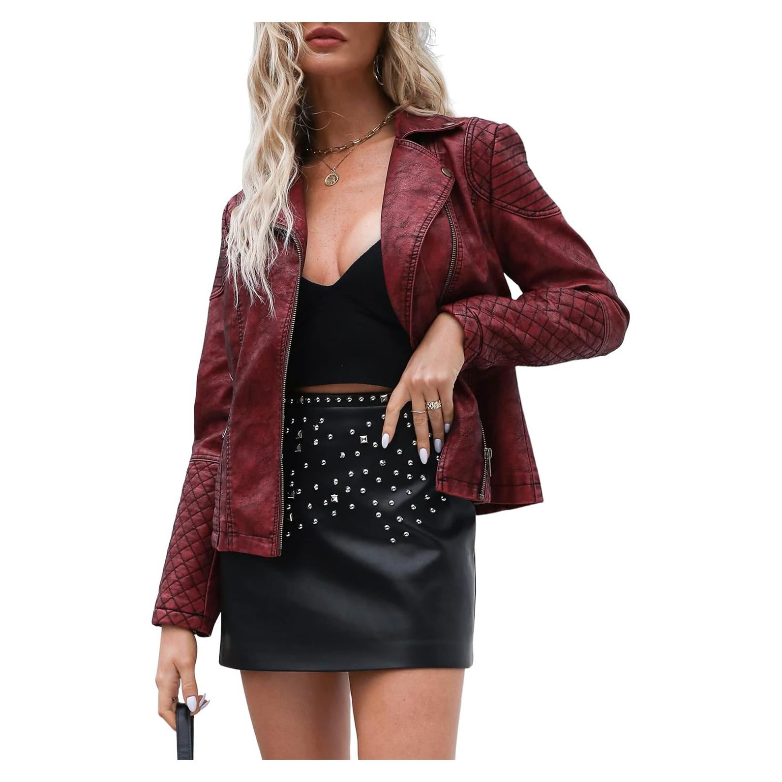 Chaqueta de Cuero Sintético para Mujeres Bellivera Vino Retro