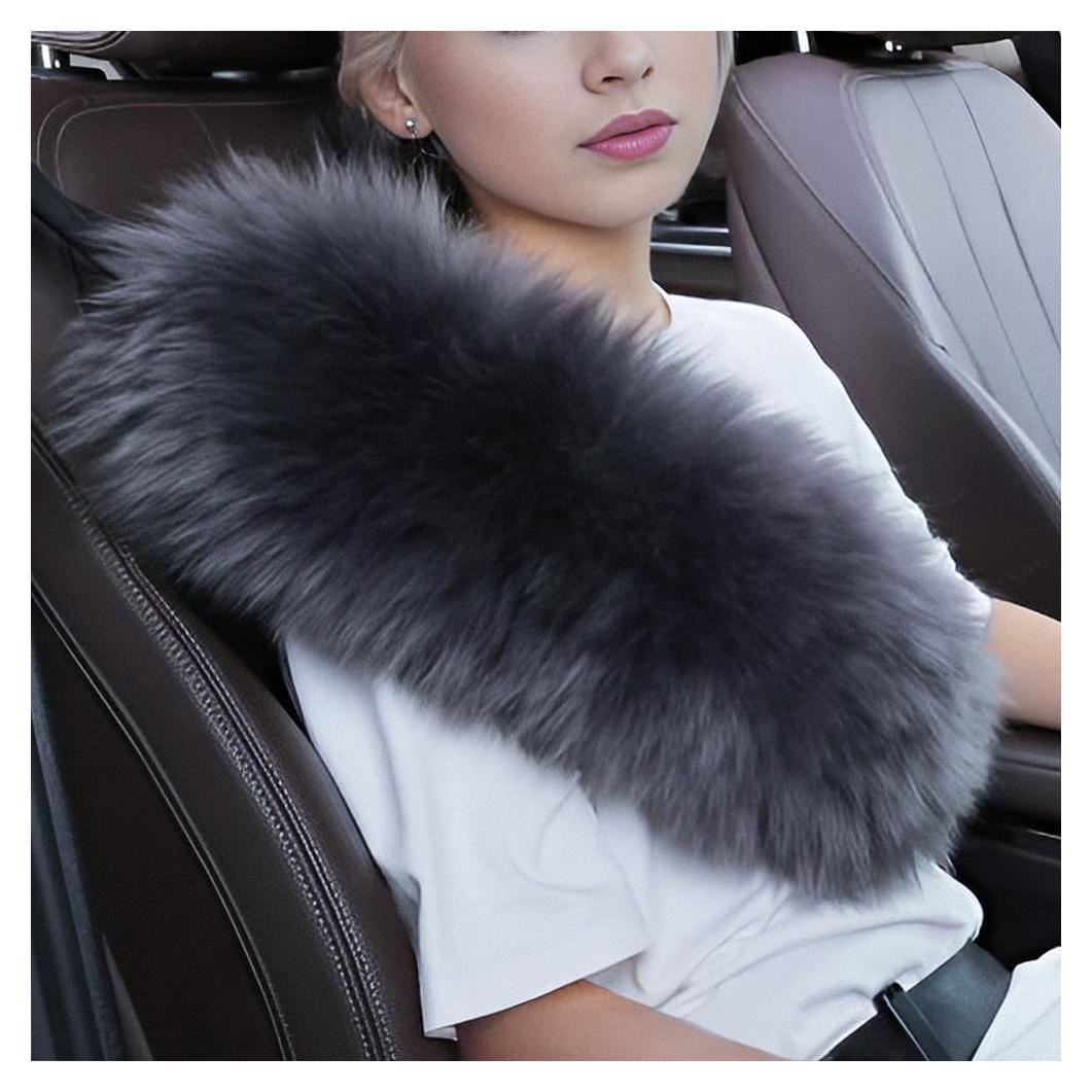 Fuzzy Sheepskin Seat Belt Cover, Fluffy Seatbelt Cover Pad for Pacemaker Adults Kids Women Universal Plush Cozy Long Wool Car,2 Pack Steel