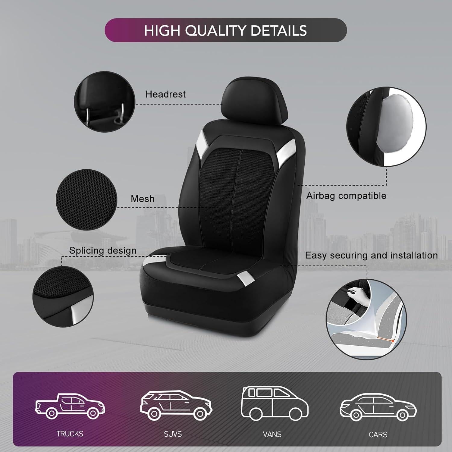 Funda de Asiento de Auto PIC AUTO - Cuero Negro y Plateado Universal