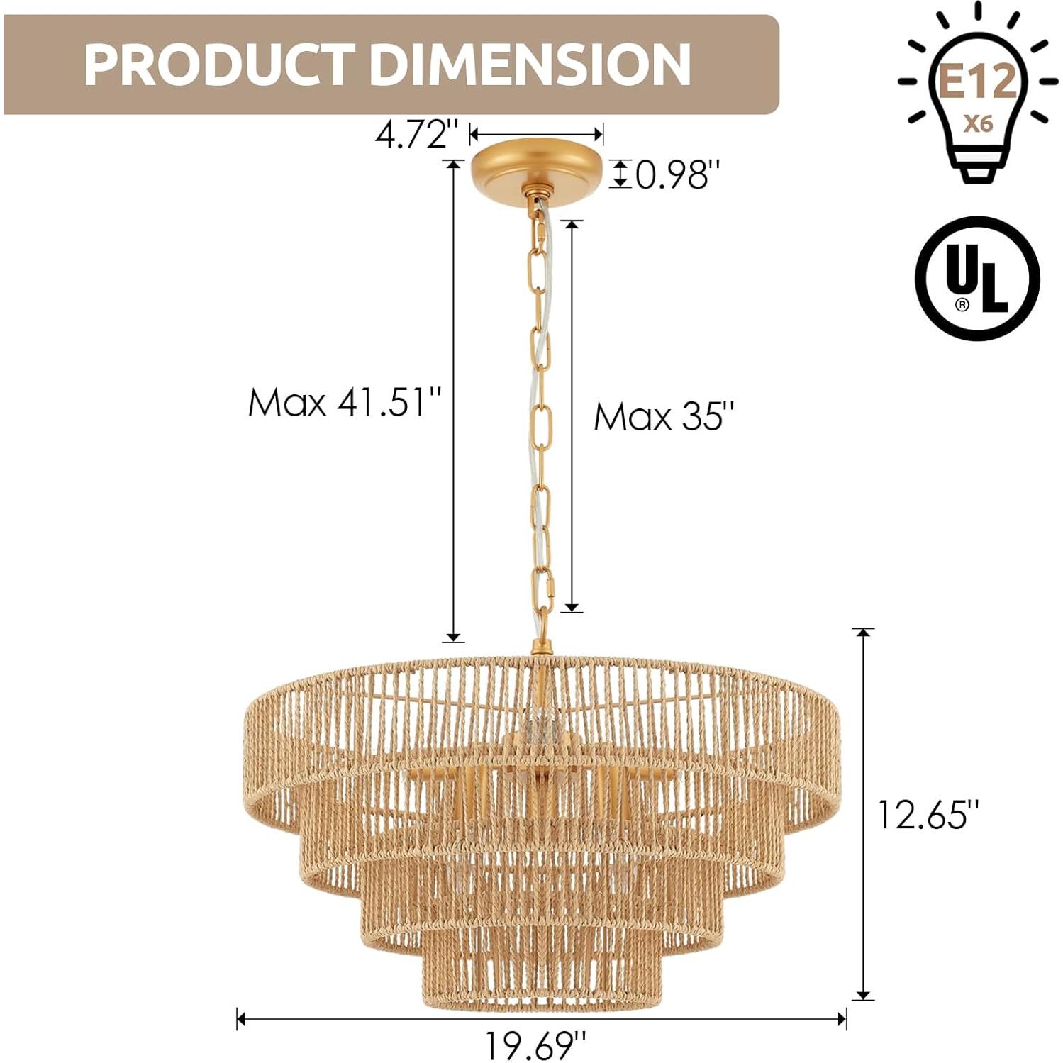 Lámpara Colgante de Mimbre ELYCCUPA 6 Luces 50 cm Boho