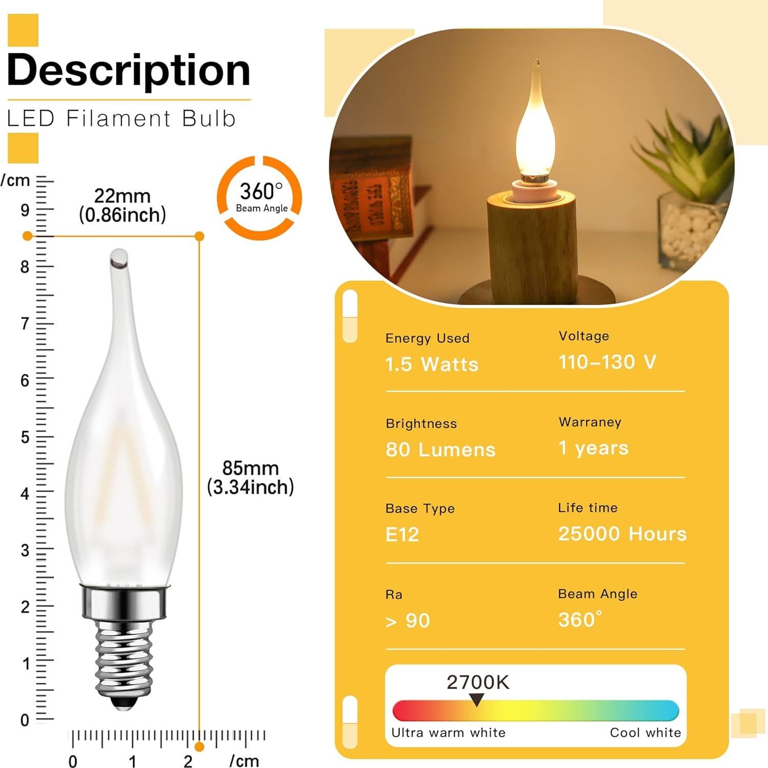 Bombillas LED Candelabro Genixgreen 1.5W 2700K Paquete de 6