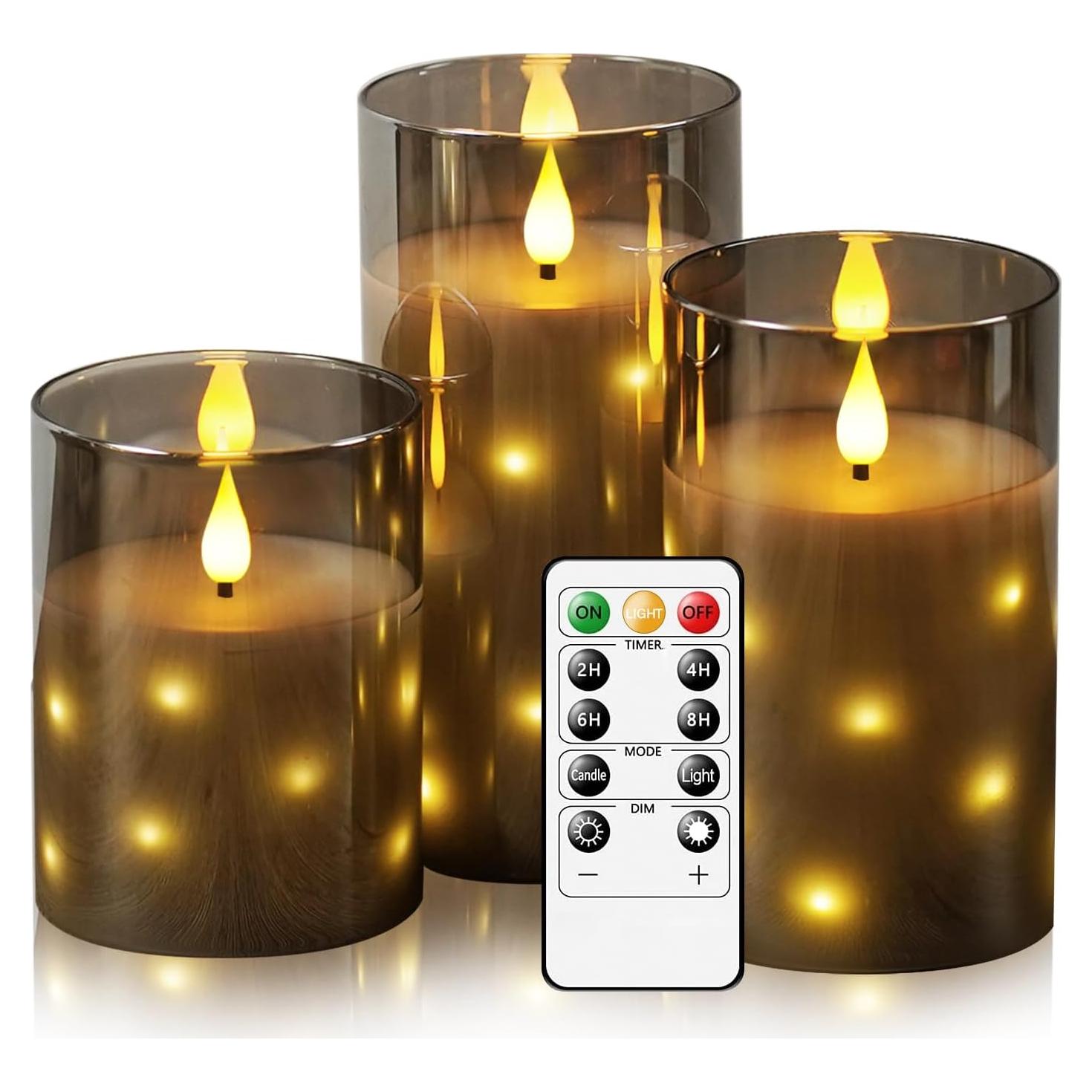 Candelas LED sin llama Thorbling, 3 piezas gris, temporizador