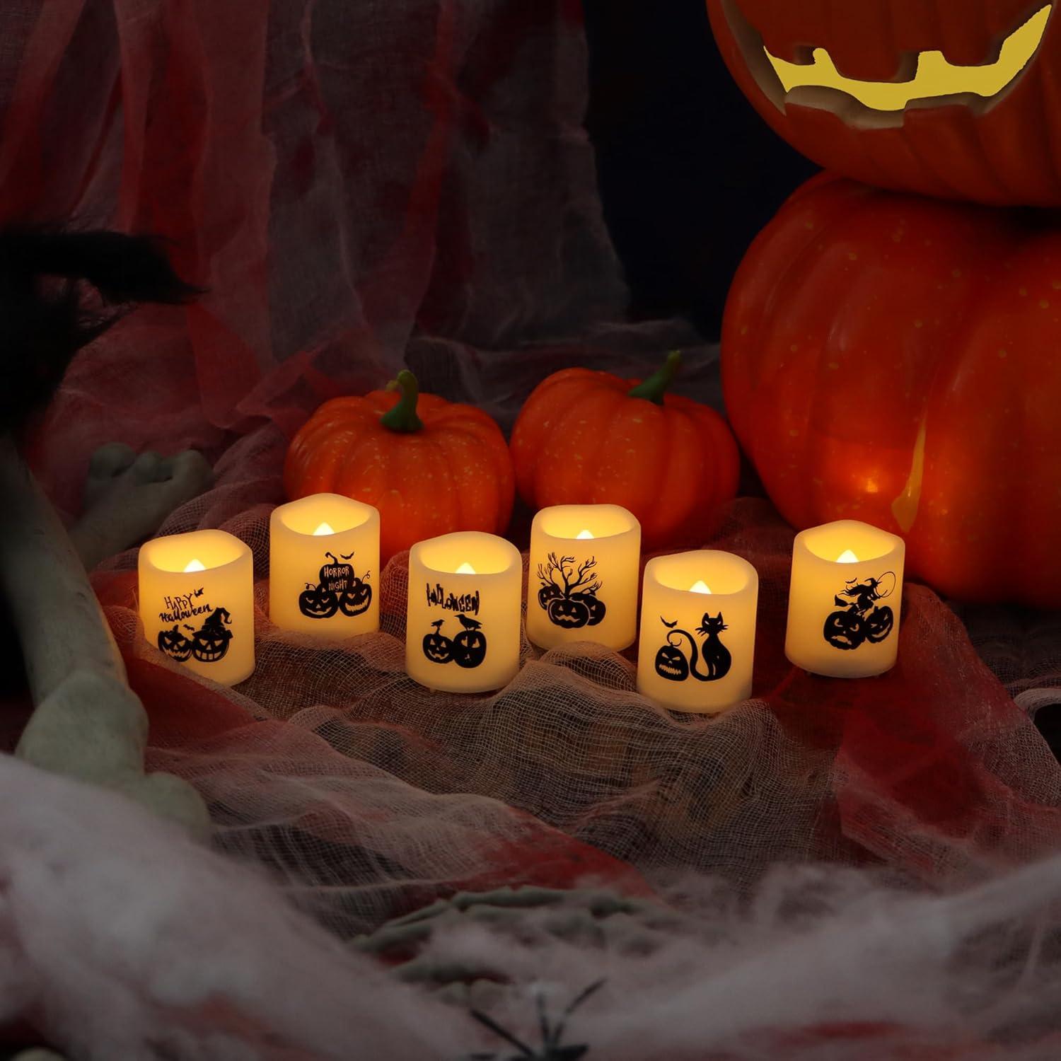 Velas Votivas LED Sin Llama YINCHI con Calcomanías de Calabaza 6 Pcs