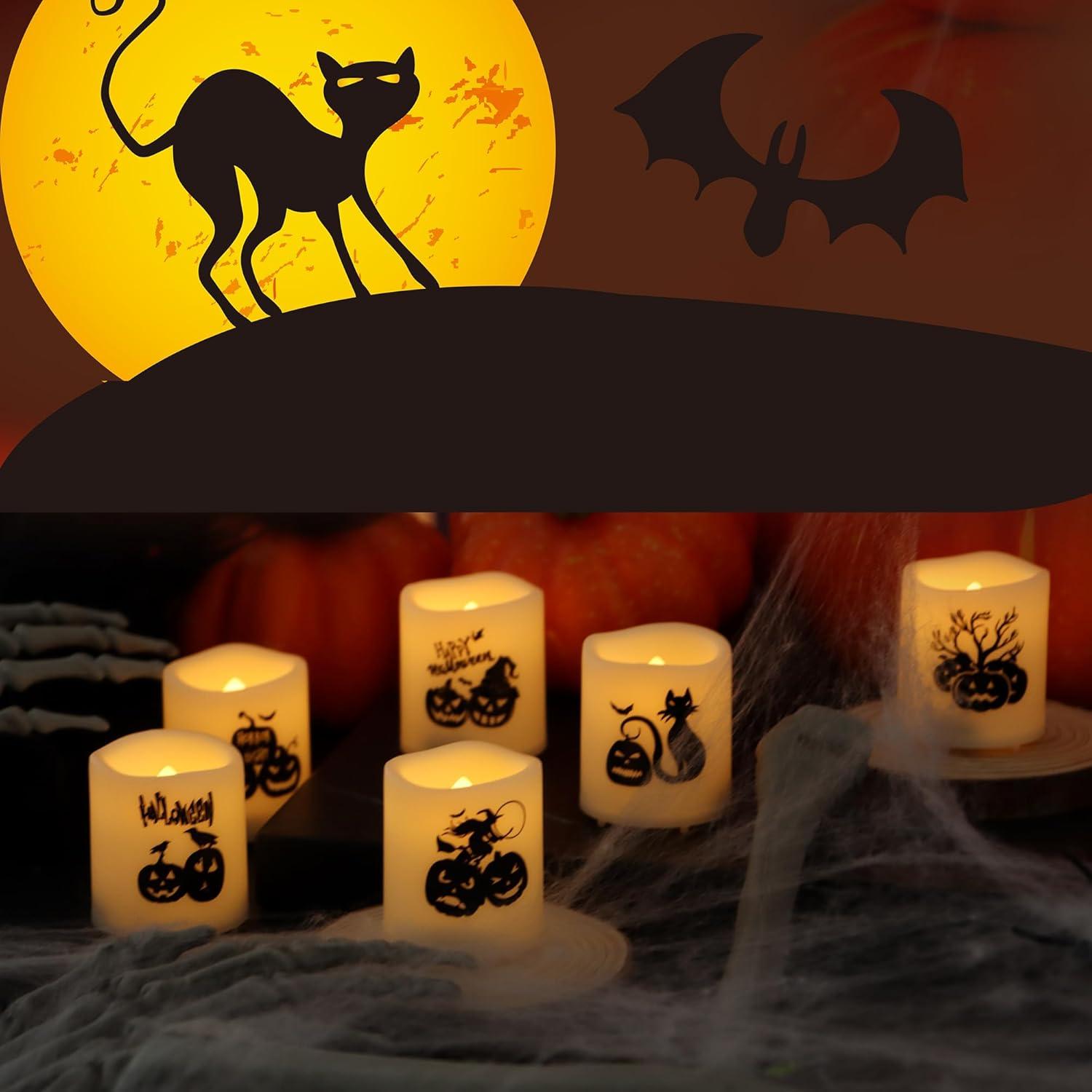 Velas Votivas LED Sin Llama YINCHI con Calcomanías de Calabaza 6 Pcs
