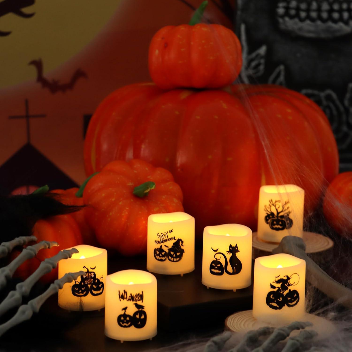 Velas Votivas LED Sin Llama YINCHI con Calcomanías de Calabaza 6 Pcs