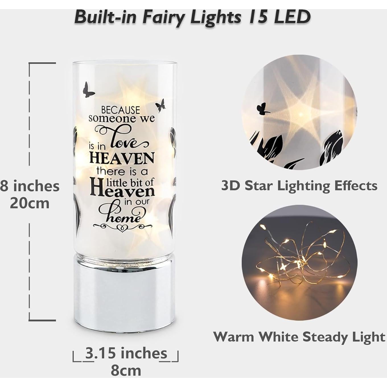 Rhytsing Memorial Gift - Battery Operated Flameless Candle with Timer Function, Glass Cylinder Lantern with Fairy Lights, Expressing Sympathy for The Loss of Someone We Loved - D3.15 x H8 inches