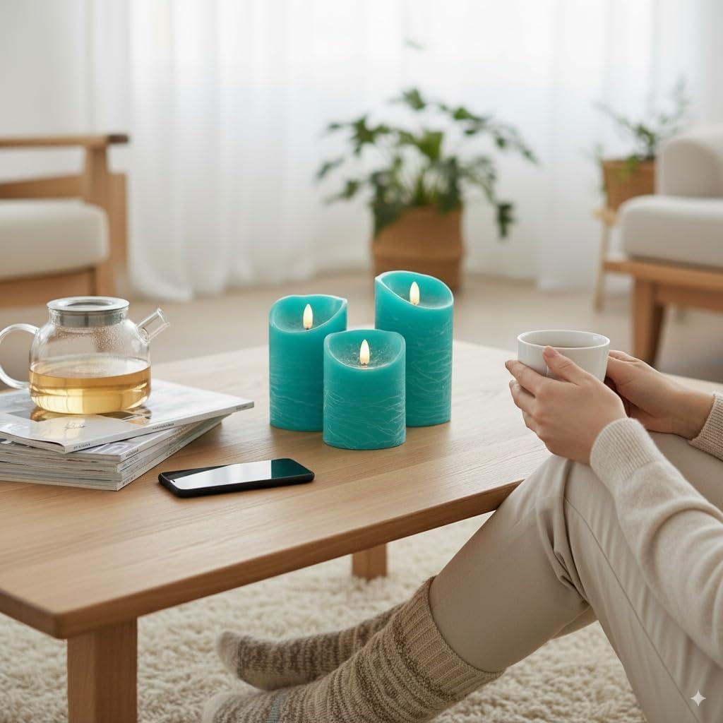 Juego de 3 Velas LED Sin Llama VENTA Turquesa con Control Remoto