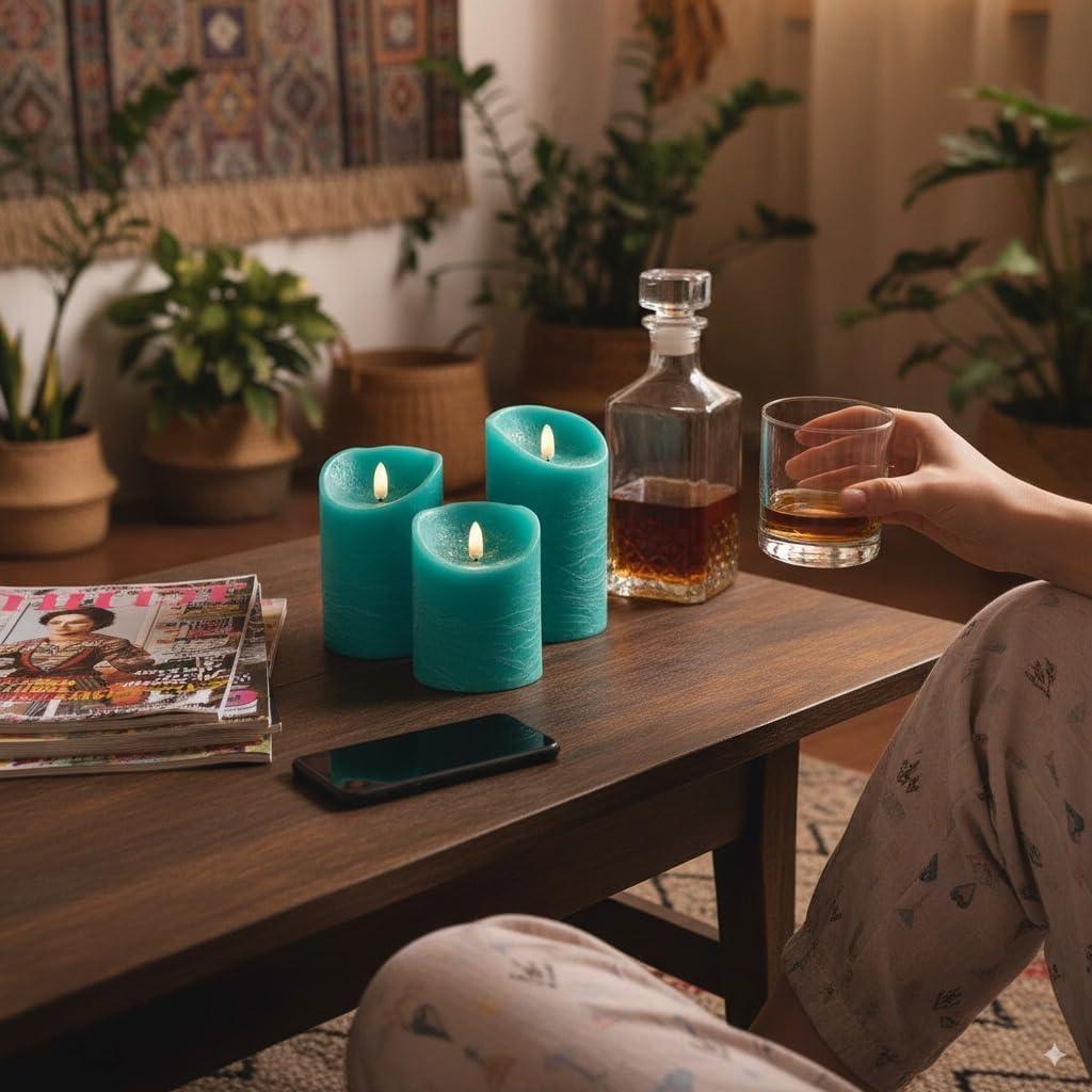 Juego de 3 Velas LED Sin Llama VENTA Turquesa con Control Remoto