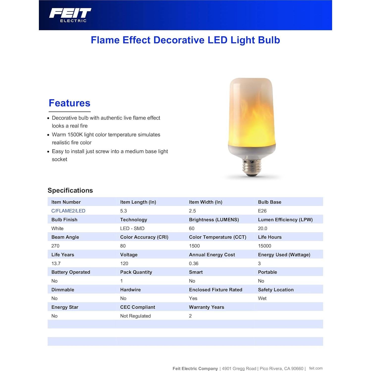Bombilla LED E26 Feit Electric 3W Efecto Llama 1500K 4 Piezas