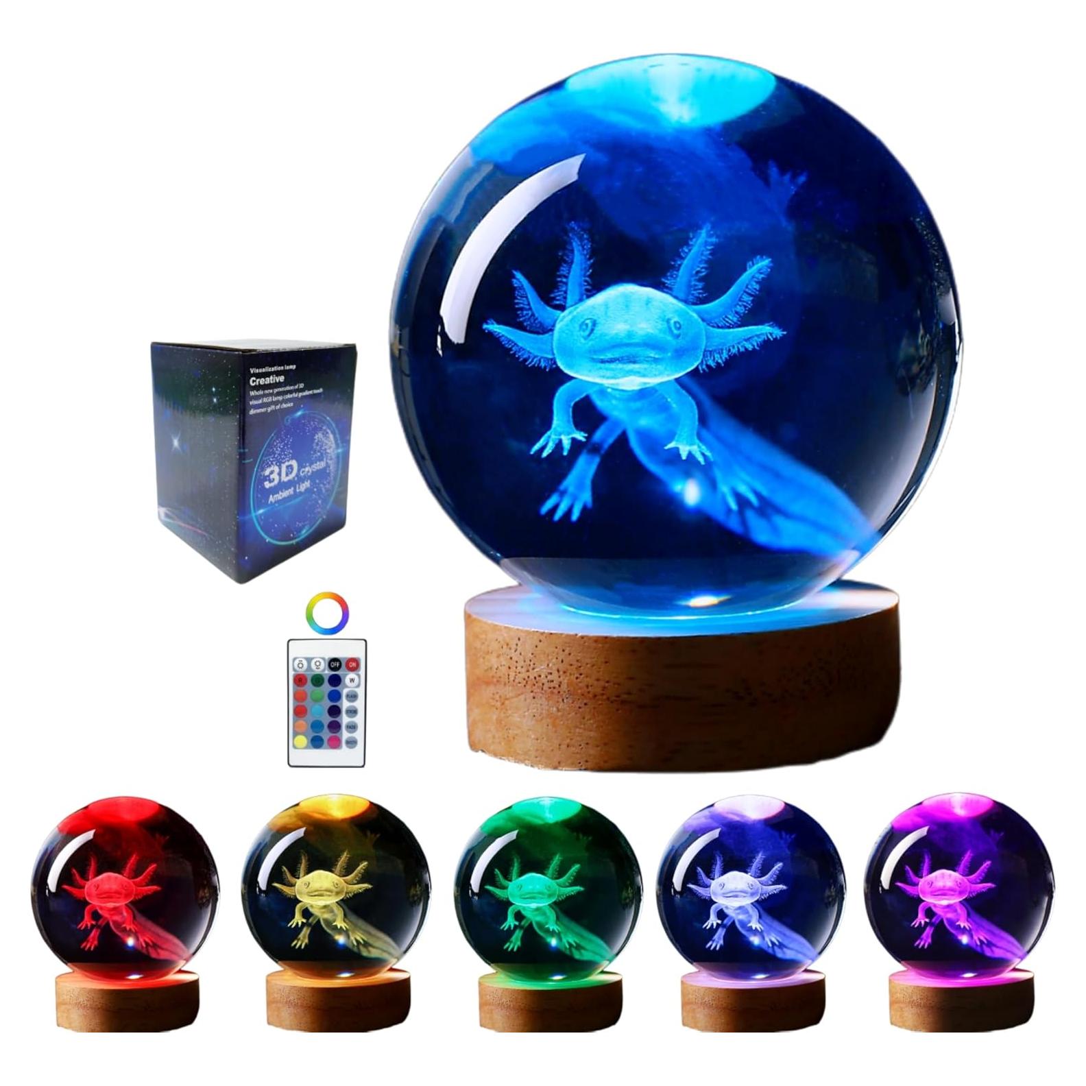Lámpara de Bola de Cristal 3D Axolote K9 con Base de Madera