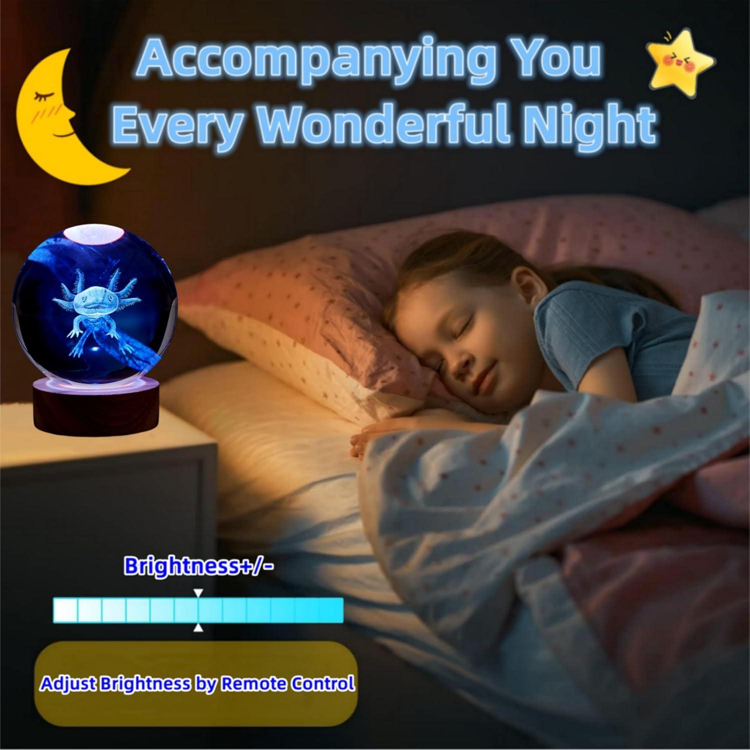 Lámpara de Bola de Cristal 3D Axolote K9 con Base de Madera