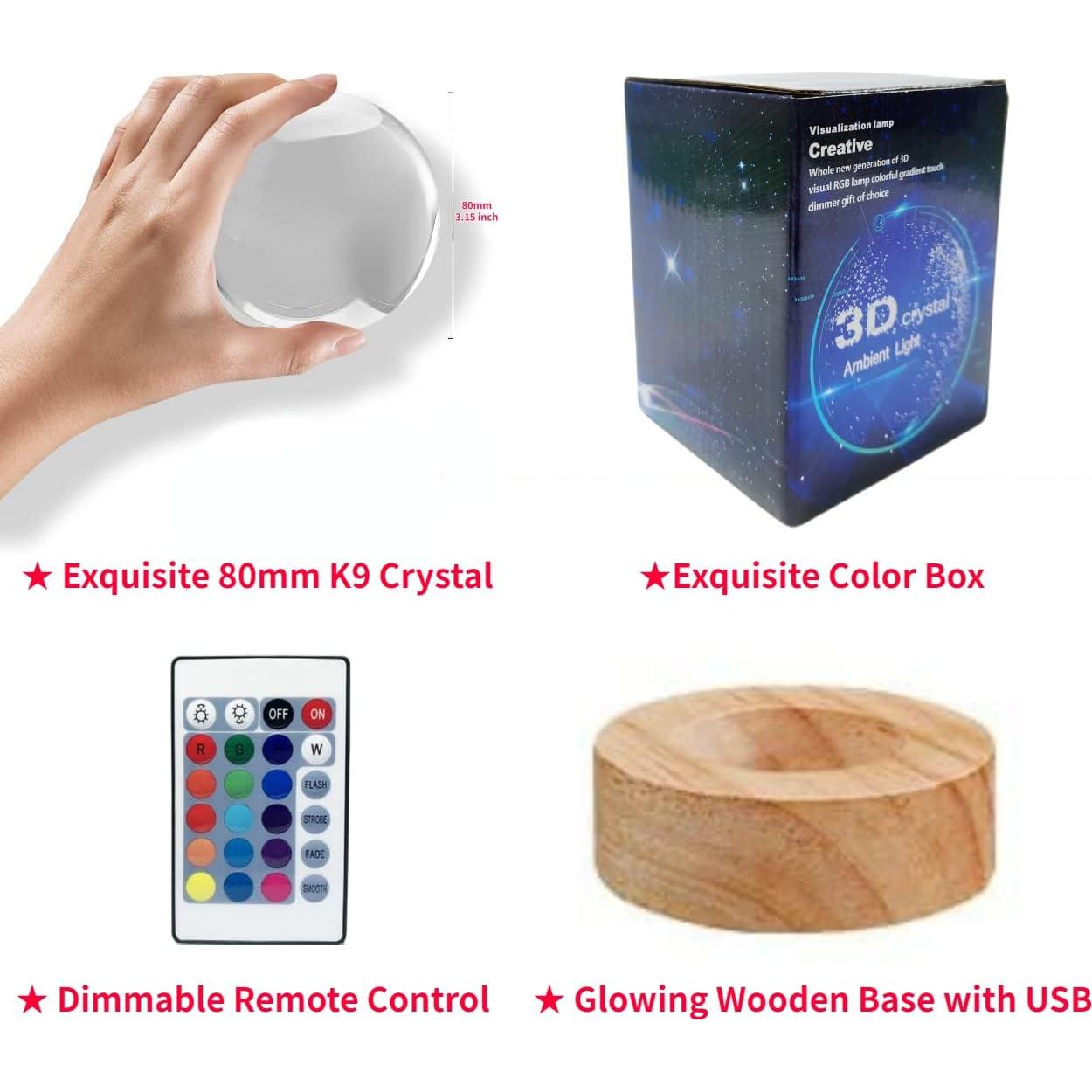 Lámpara de Bola de Cristal 3D Axolote K9 con Base de Madera