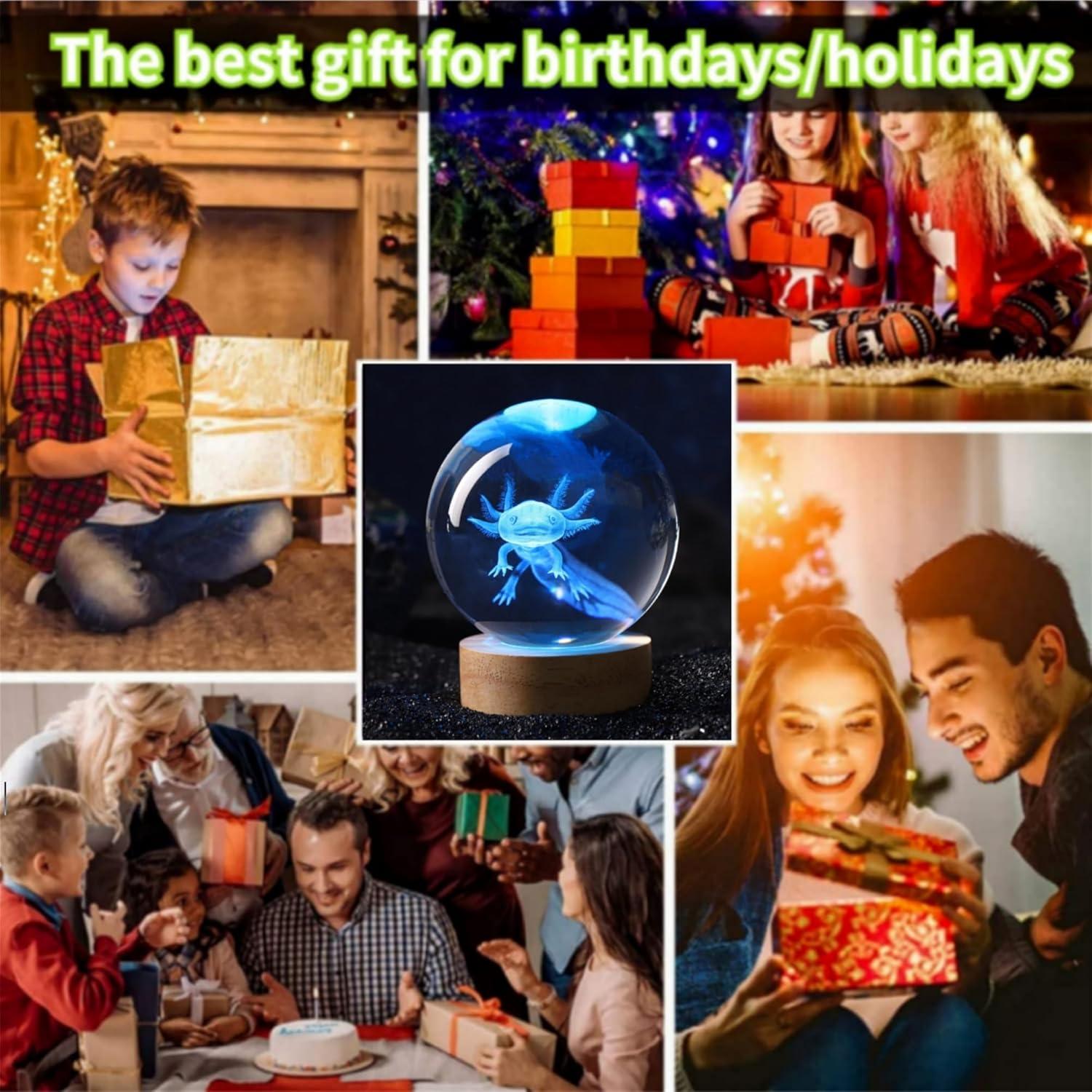 Lámpara de Bola de Cristal 3D Axolote K9 con Base de Madera