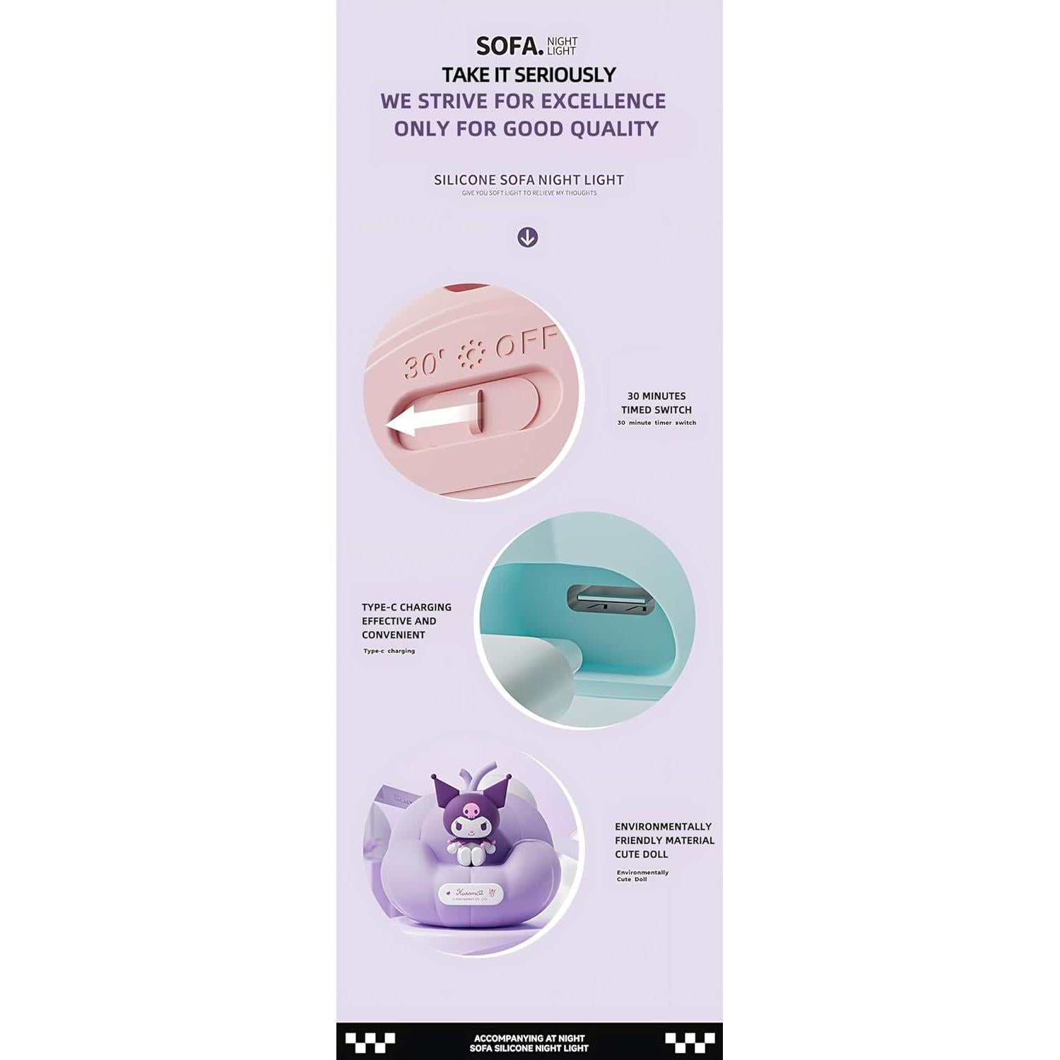 Luz Nocturna Dimmable Kuromi de Silicona para Niños 1200mAh