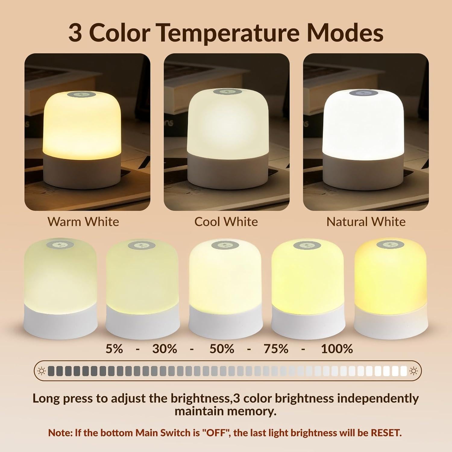 Luz Nocturna Táctil Recargable Cravonel 2400mAh 3 Colores