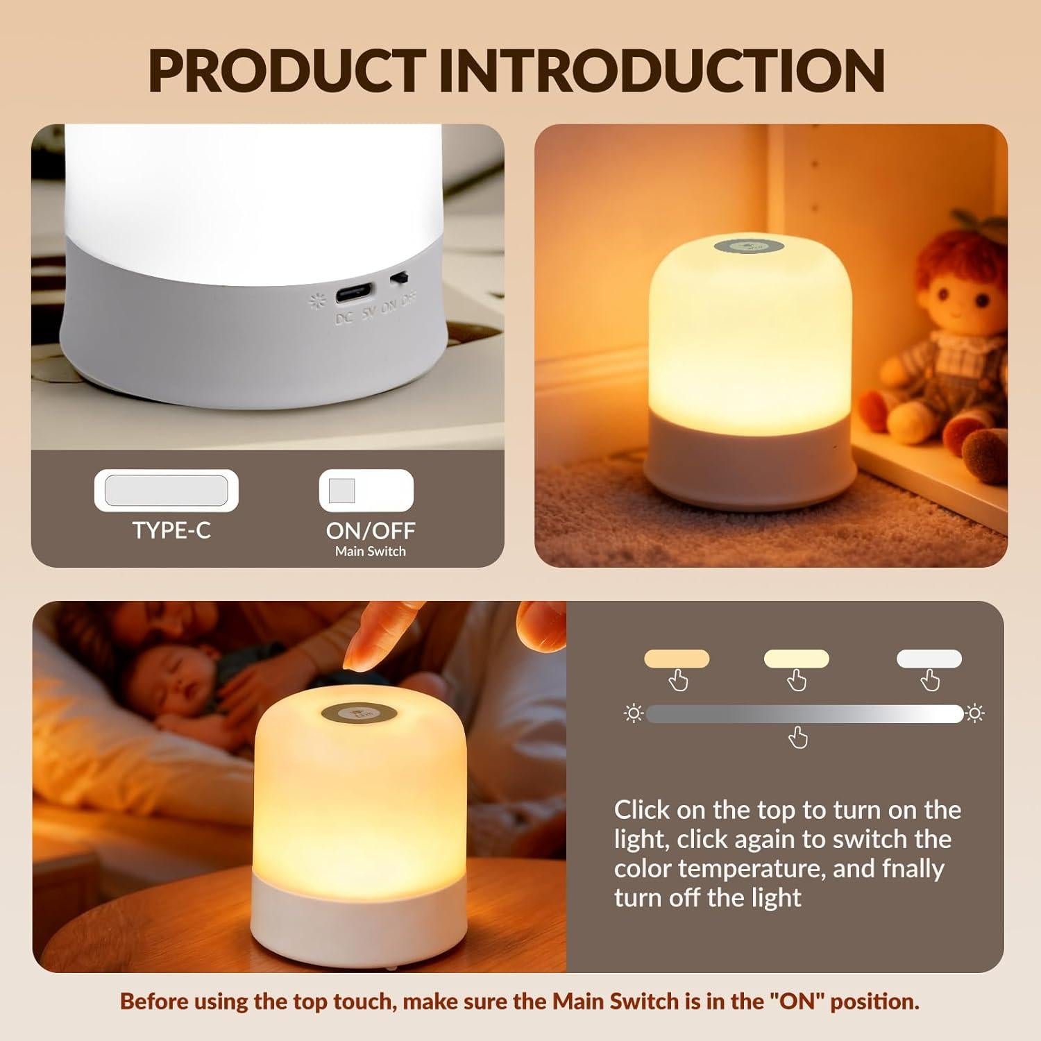 Luz Nocturna Táctil Recargable Cravonel 2400mAh 3 Colores