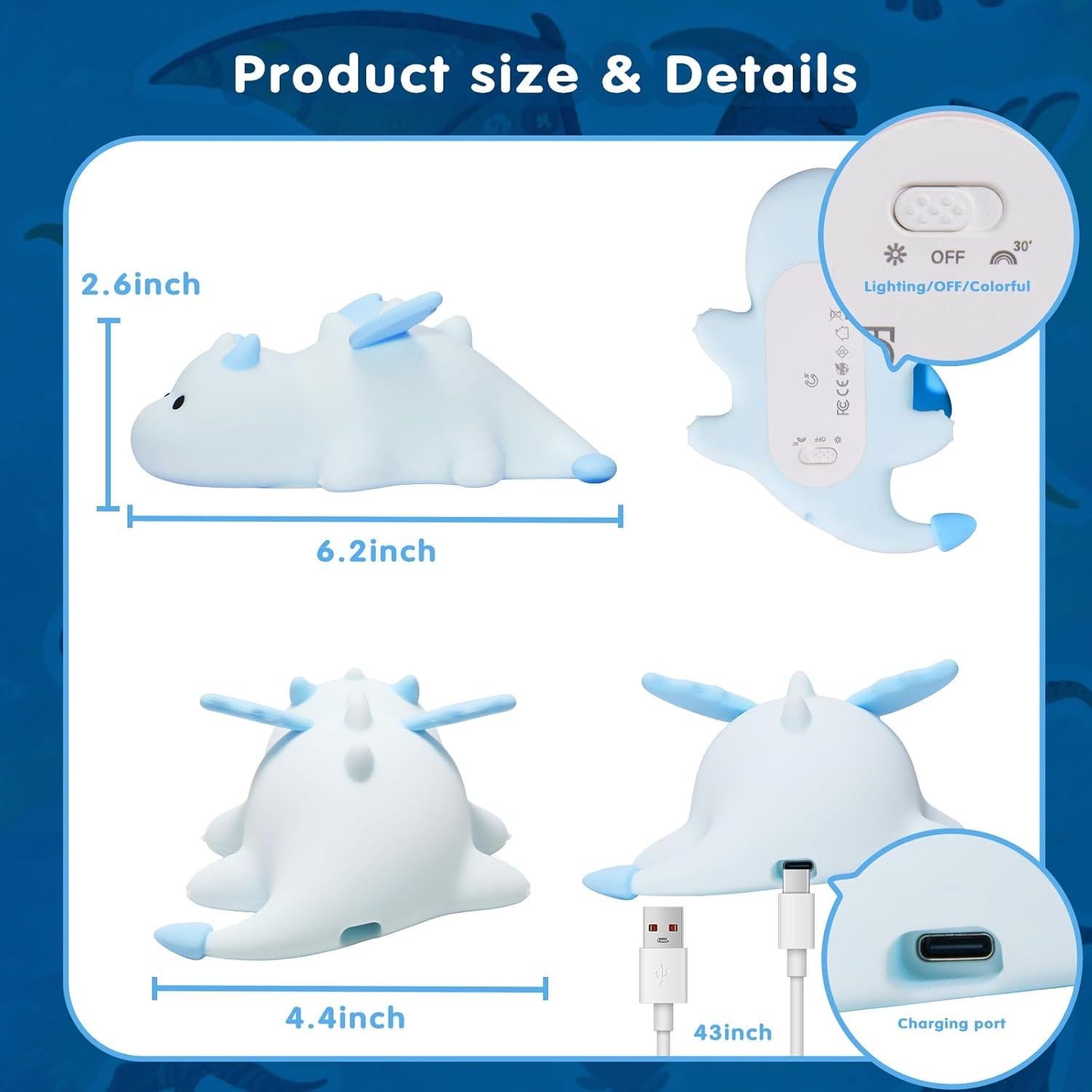 Luz Nocturna Dinosaurio Kawaii AGV Azul Recargable 3 Brillos