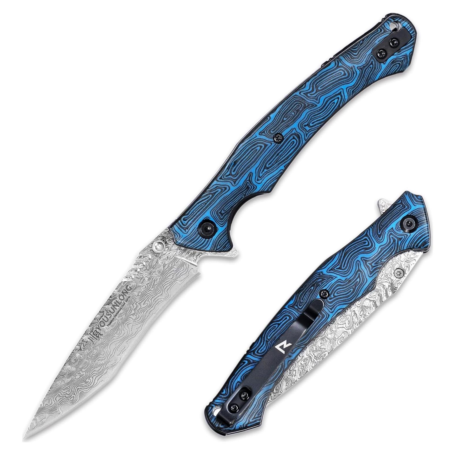 Cuchillo Plegable Damasco Martillado YOUSUNLONG 21cm Azul