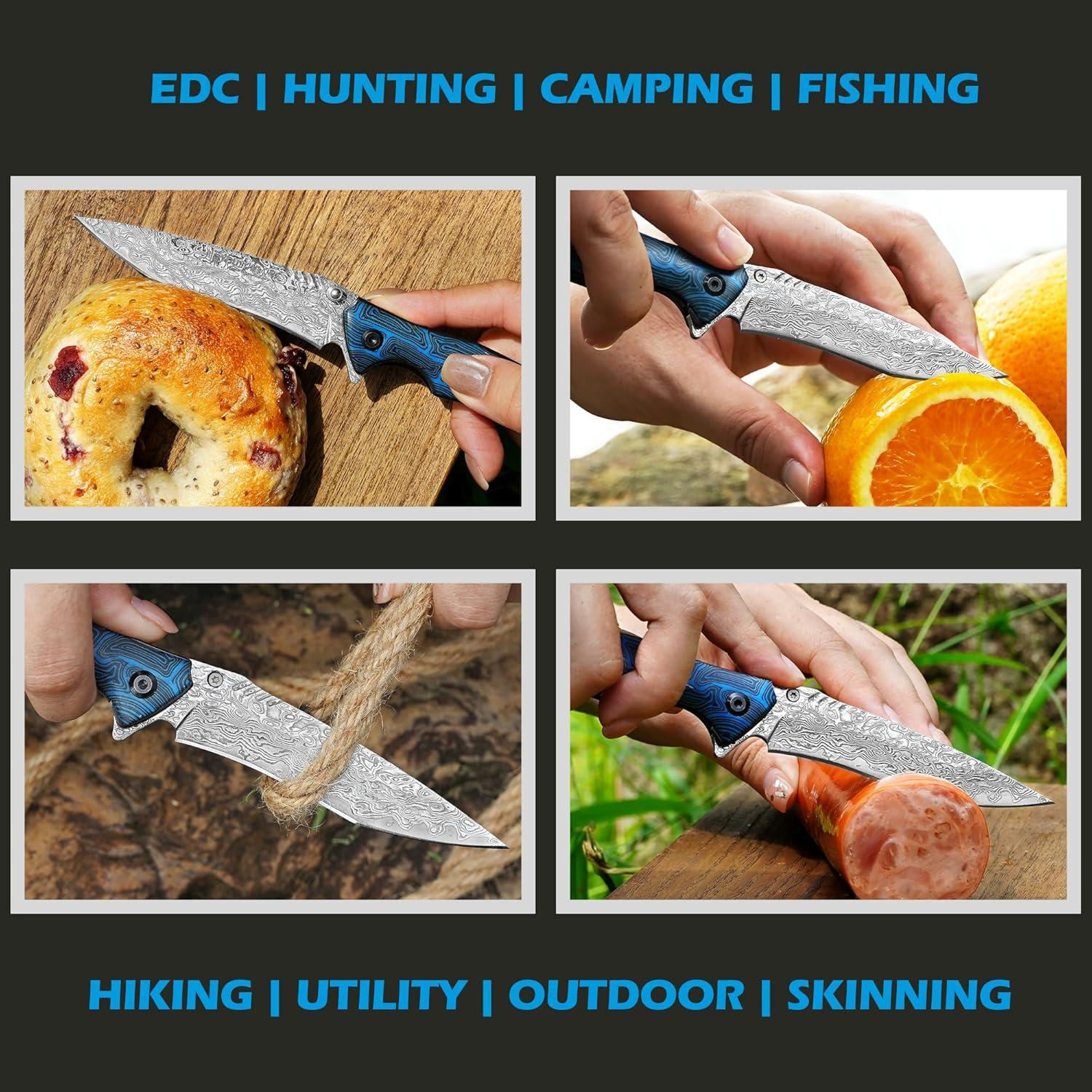 Cuchillo Plegable Damasco Martillado YOUSUNLONG 21cm Azul