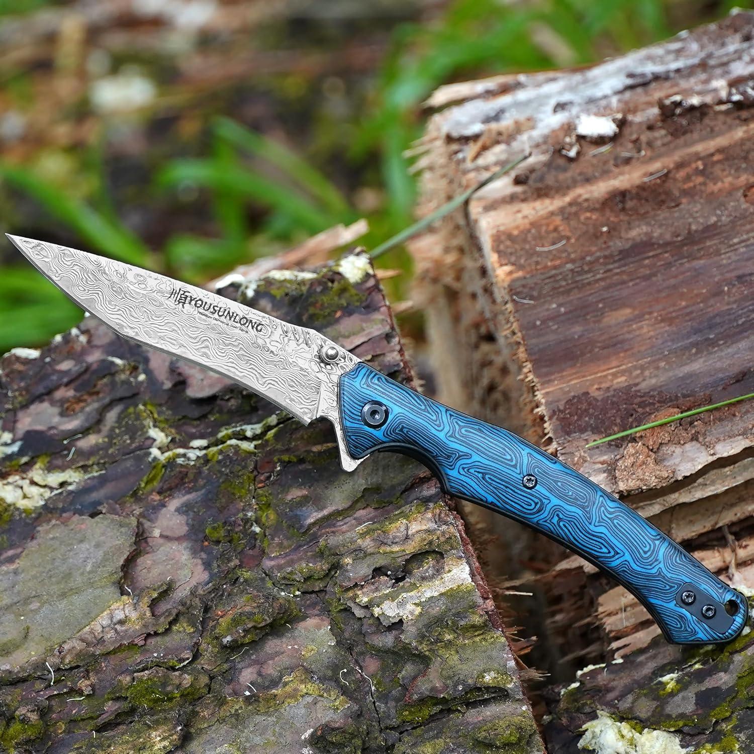 Cuchillo Plegable Damasco Martillado YOUSUNLONG 21cm Azul