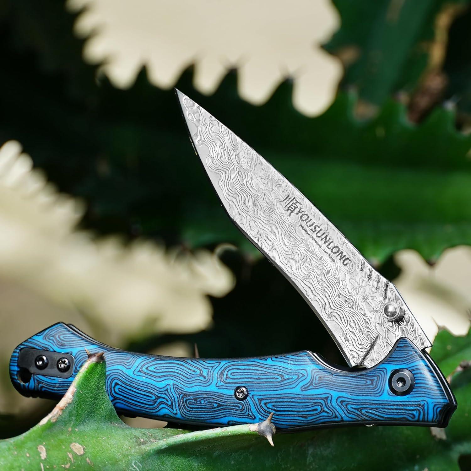 Cuchillo Plegable Damasco Martillado YOUSUNLONG 21cm Azul