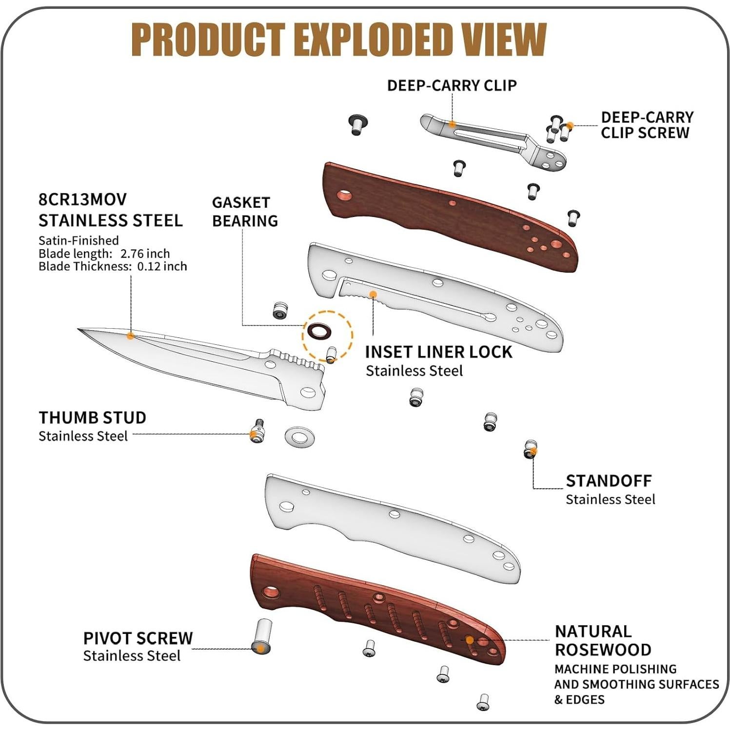 Cuchillo de bolsillo Vickay VK-EM-01M, acero 7 cm, mango madera