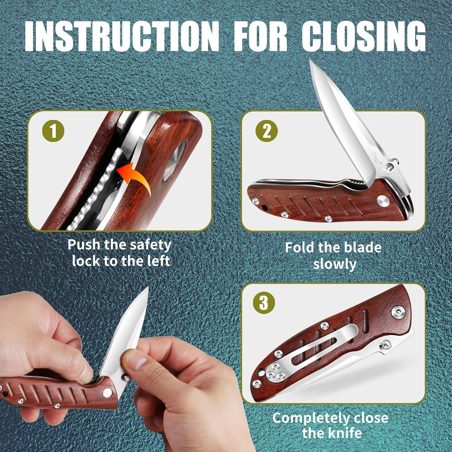 Cuchillo de bolsillo Vickay VK-EM-01M, acero 7 cm, mango madera