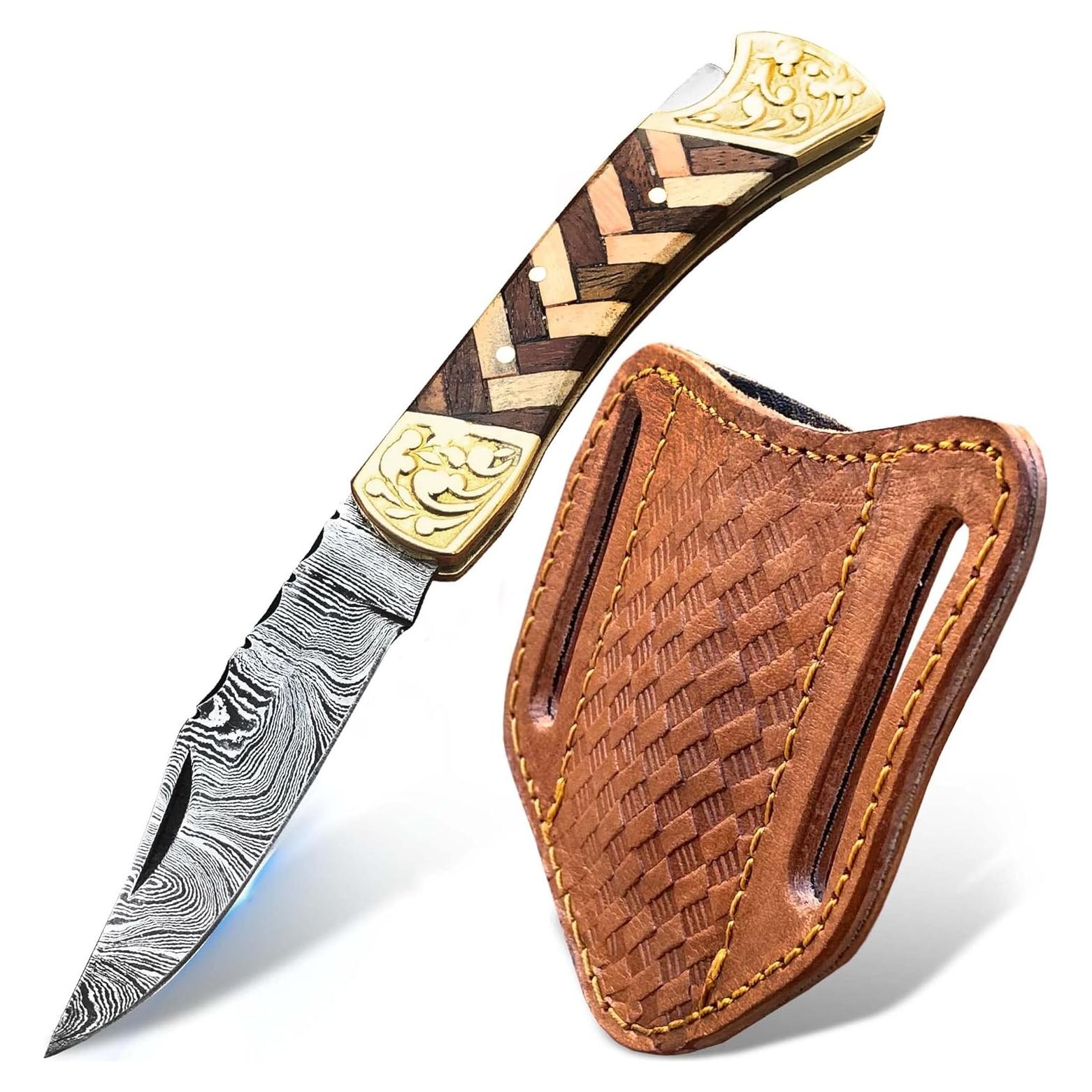 Cuchillo de bolsillo Damasco Warlocks Club 7" con funda