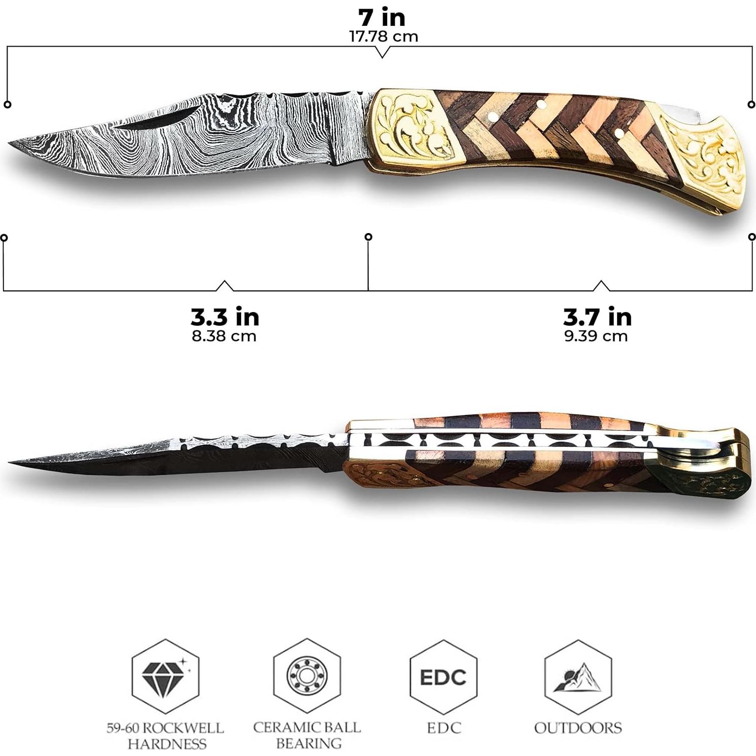 Cuchillo de bolsillo Damasco Warlocks Club 7" con funda