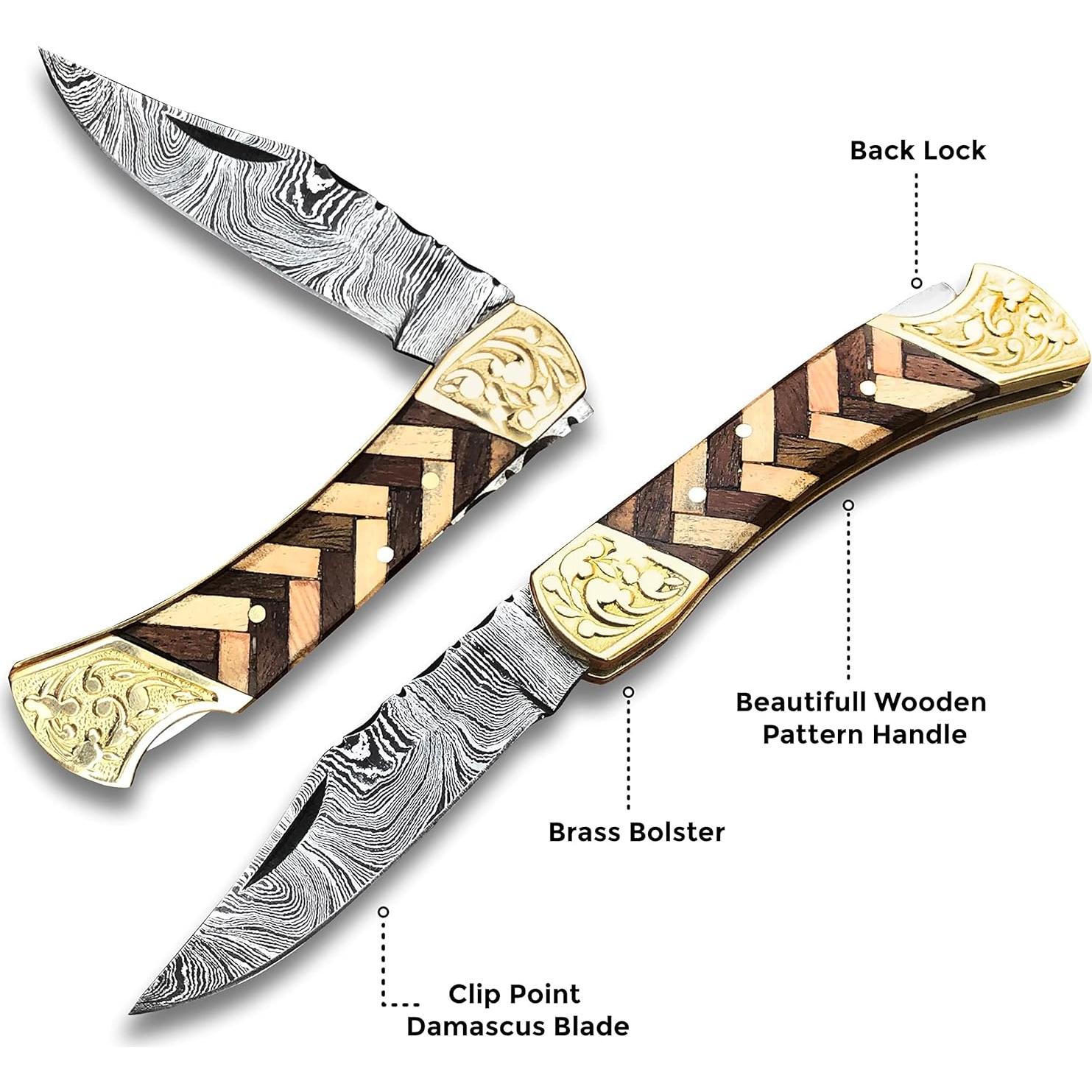 Cuchillo de bolsillo Damasco Warlocks Club 7" con funda