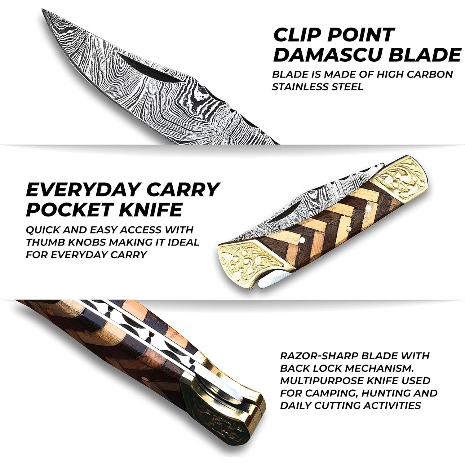 Cuchillo de bolsillo Damasco Warlocks Club 7" con funda