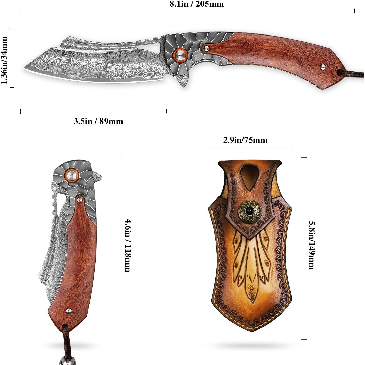 Cuchillo de bolsillo Minowe Damasco 8.1" plegable con funda