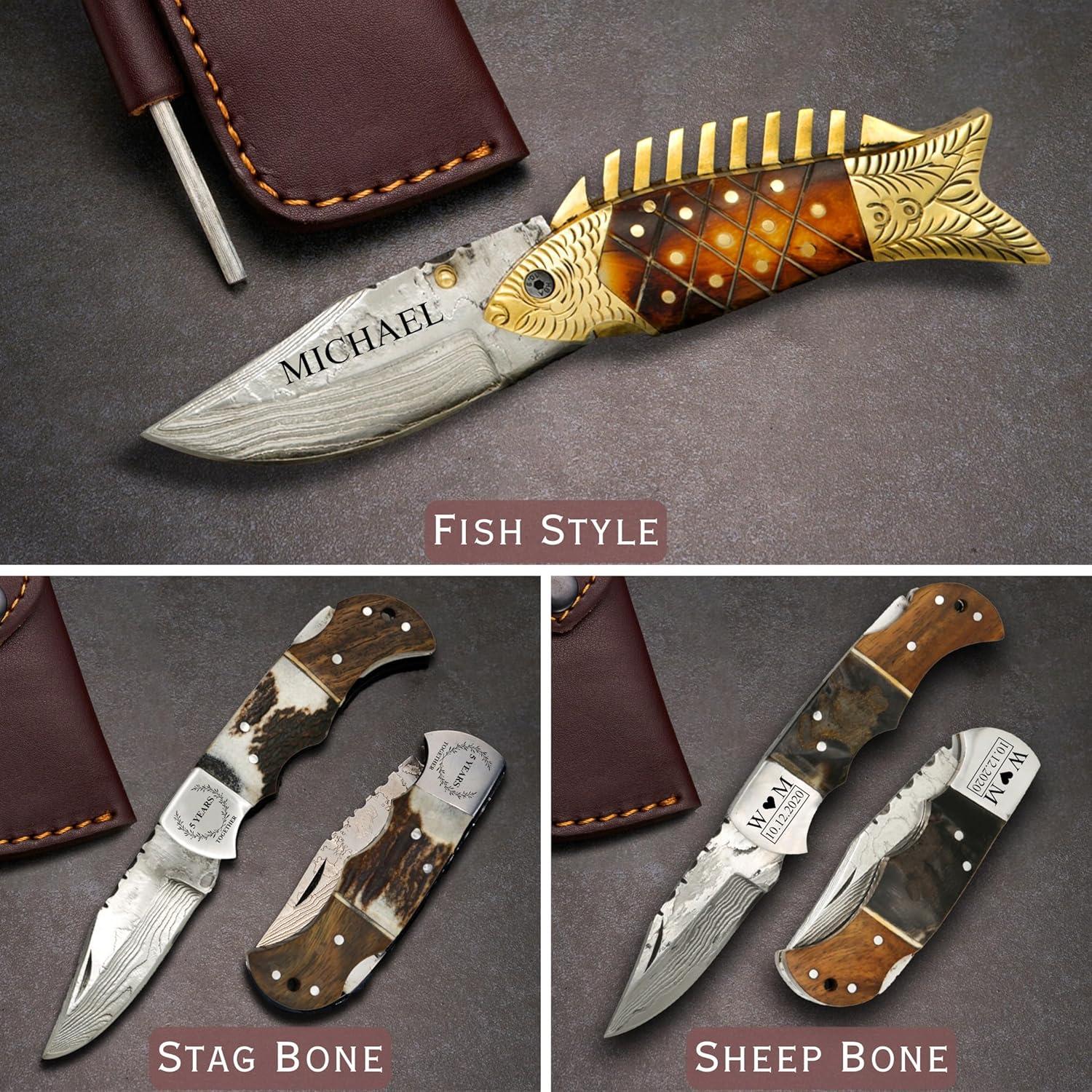 Cuchillo Plegable Damasco Personalizado Marrón Oliva 16.5cm