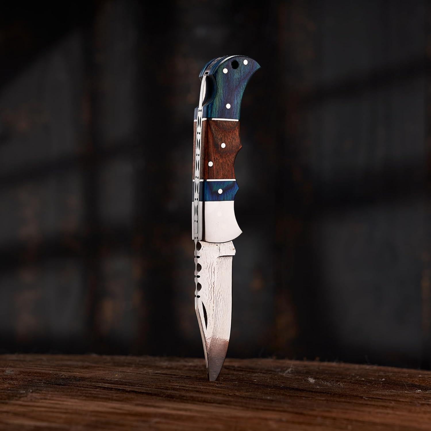 Cuchillo Plegable Damasco Personalizado Marrón Oliva 16.5cm