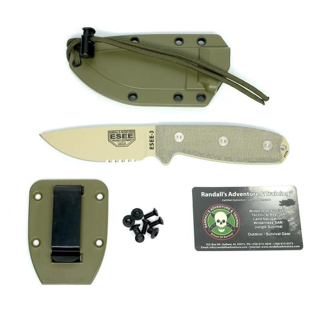 Cuchillo ESEE-3S Arena con Mango de Micarta y Funda Verde