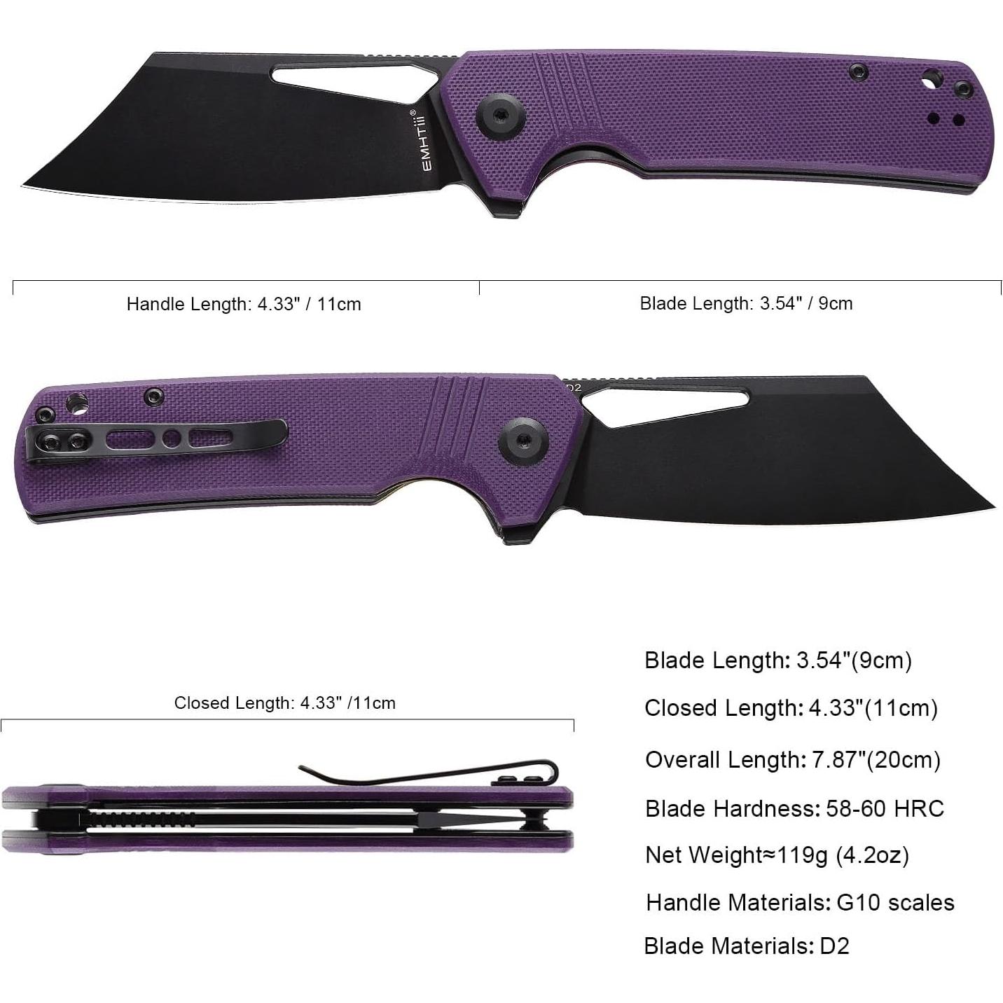 Cuchillo Plegable EMHTiii de Acero D2 9cm Hoja Negra G10 Púrpura