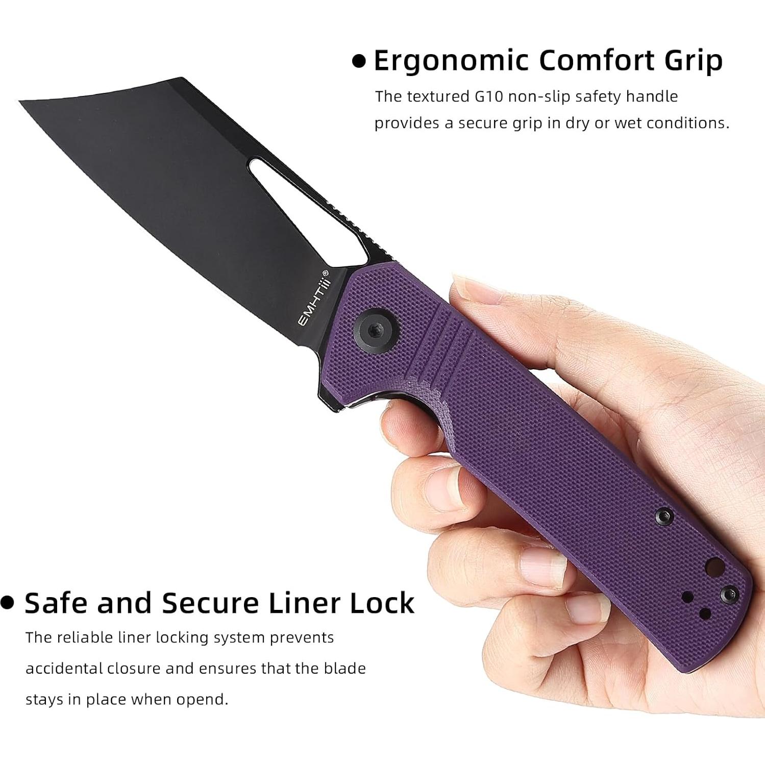 Cuchillo Plegable EMHTiii de Acero D2 9cm Hoja Negra G10 Púrpura